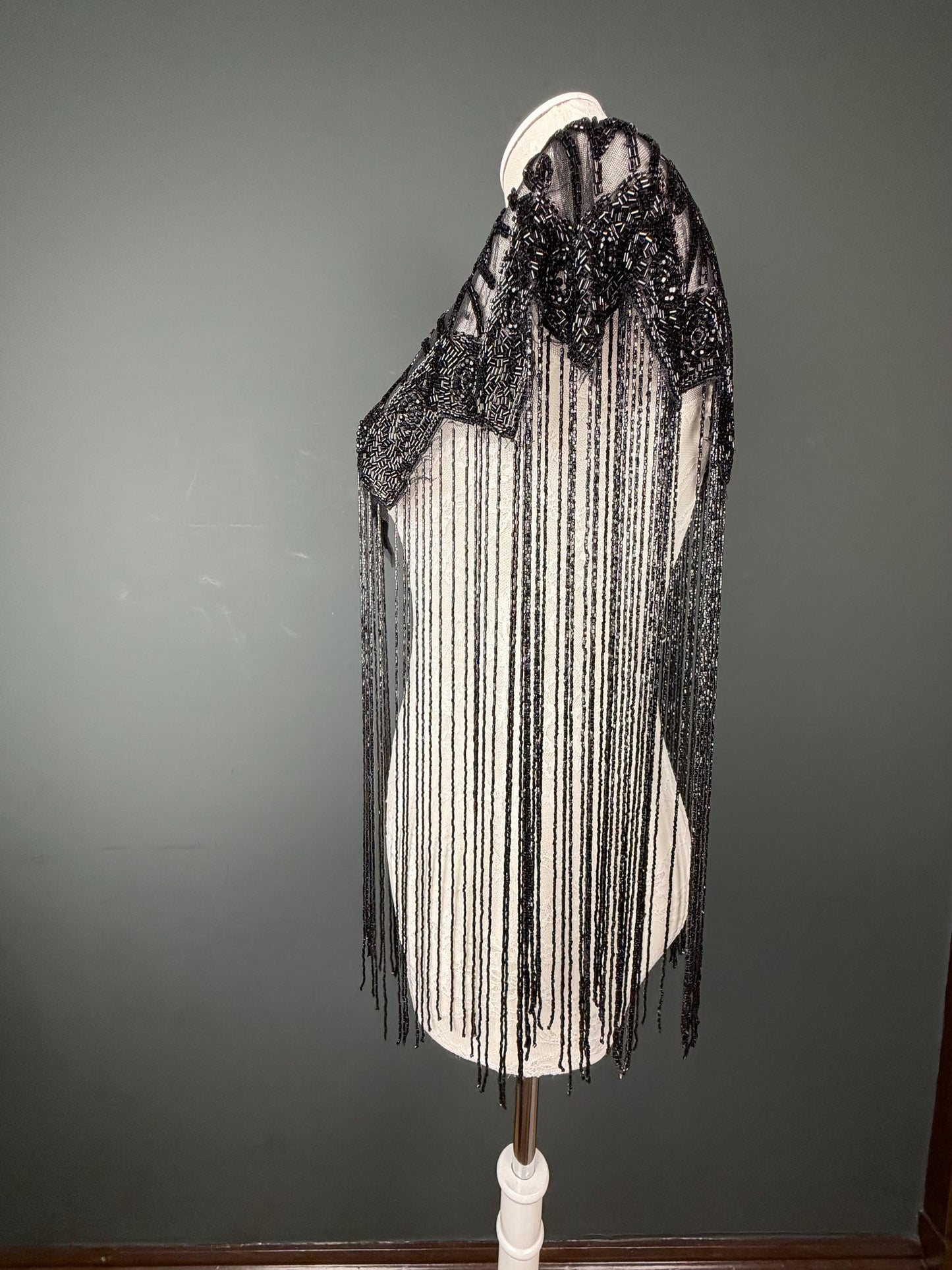 Beaded Fringe Cape Shawl – Handmade Black / Black, Gold or Silver Embellished Evening Wrap