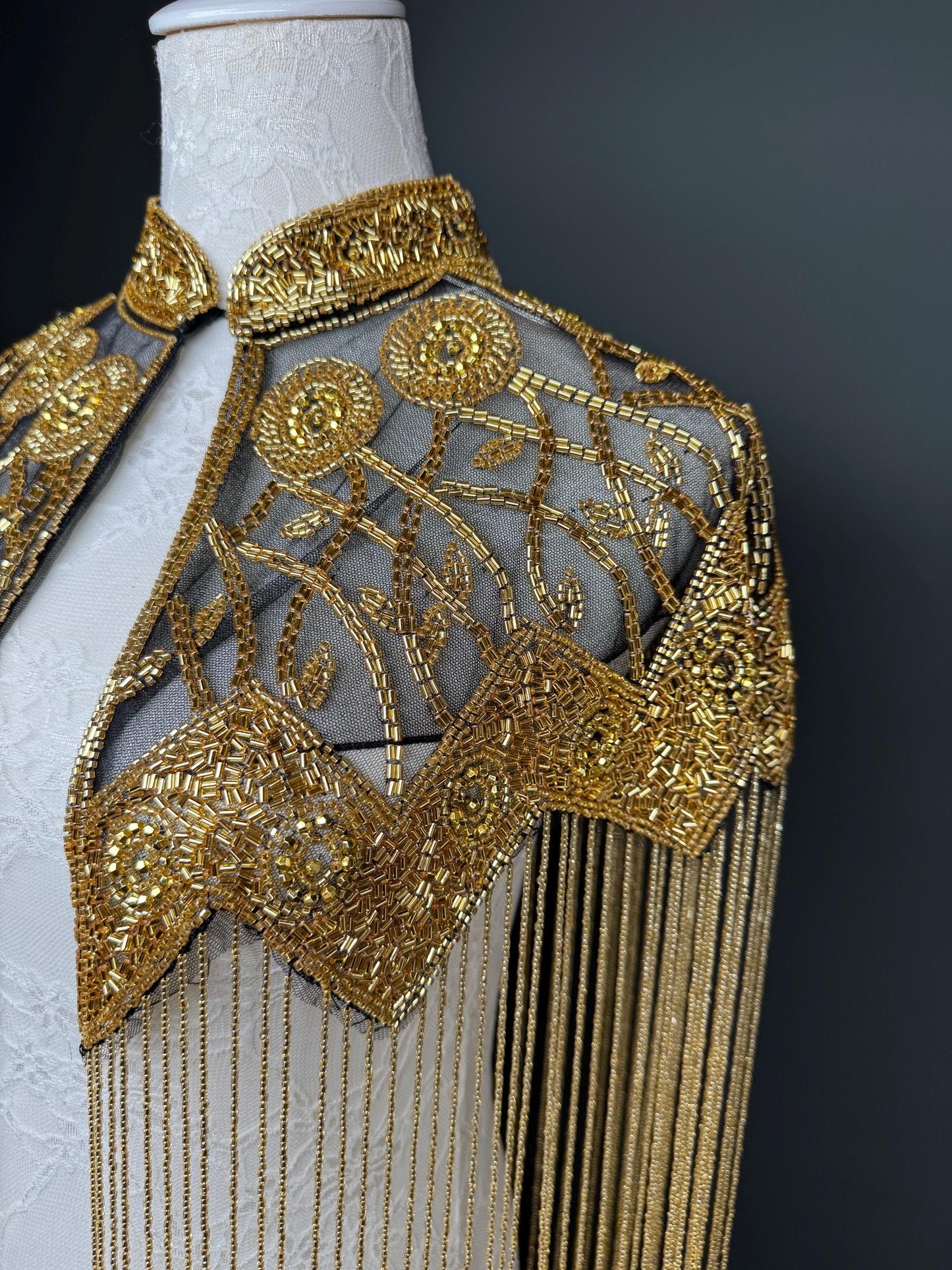Beaded Fringe Cape Shawl – Handmade Black / Black, Gold or Silver Embellished Evening Wrap