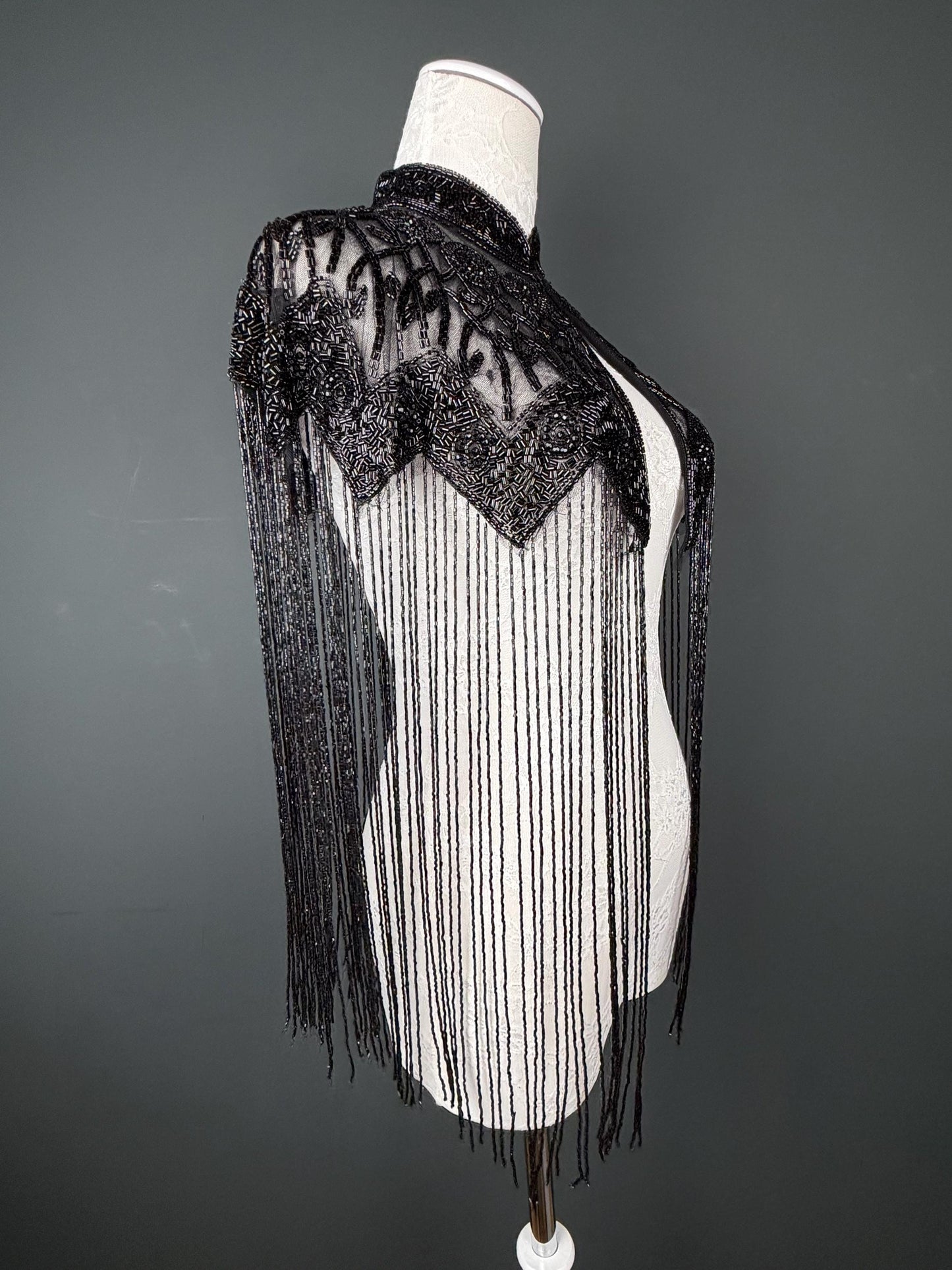 Beaded Fringe Cape Shawl – Handmade Black / Black, Gold or Silver Embellished Evening Wrap
