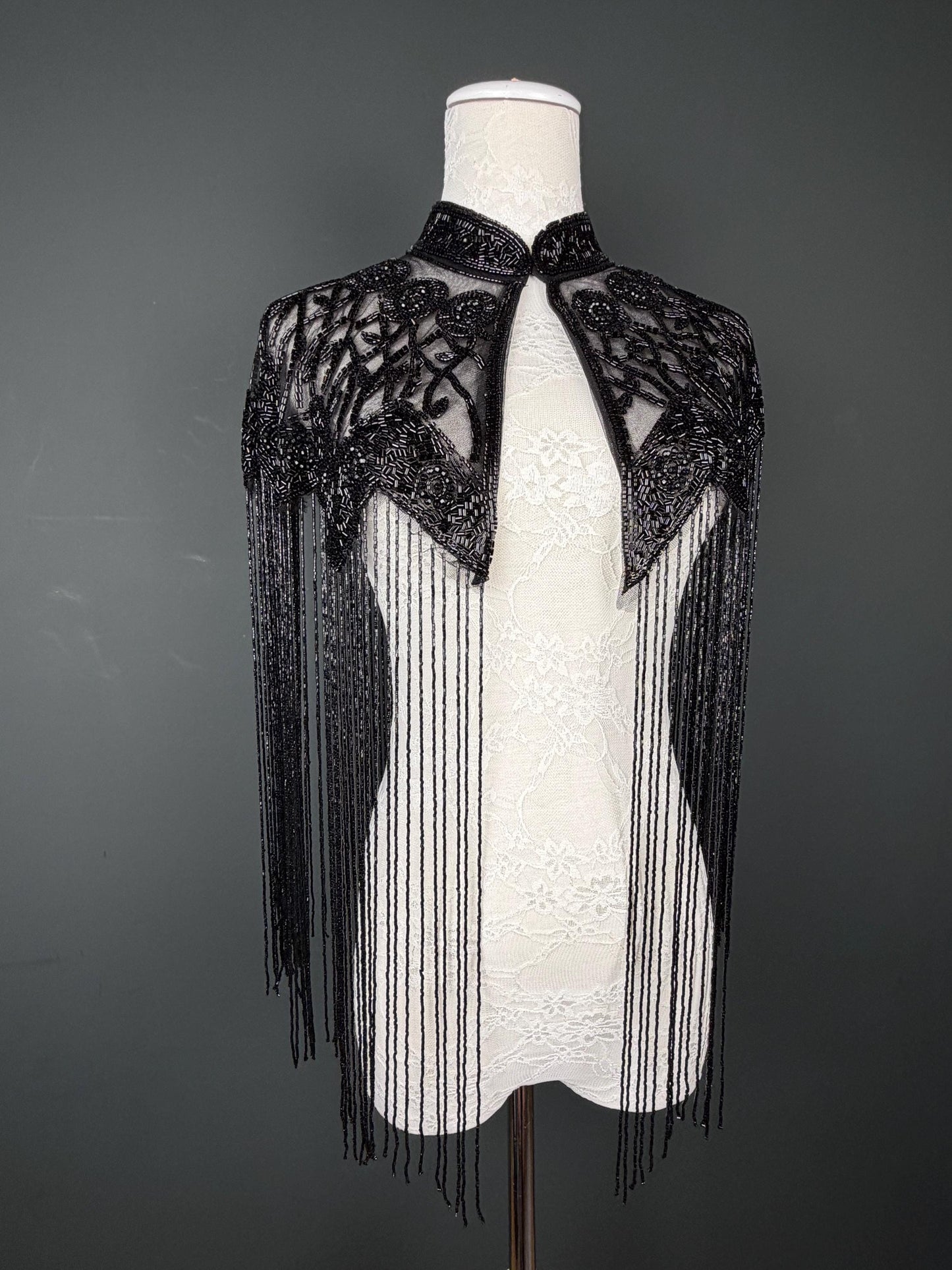 Beaded Fringe Cape Shawl – Handmade Black / Black, Gold or Silver Embellished Evening Wrap