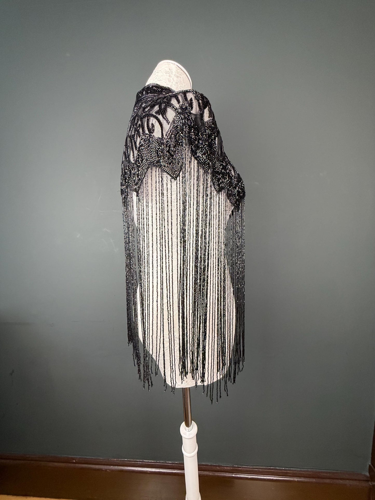 Beaded Fringe Cape Shawl – Handmade Black / Black, Gold or Silver Embellished Evening Wrap