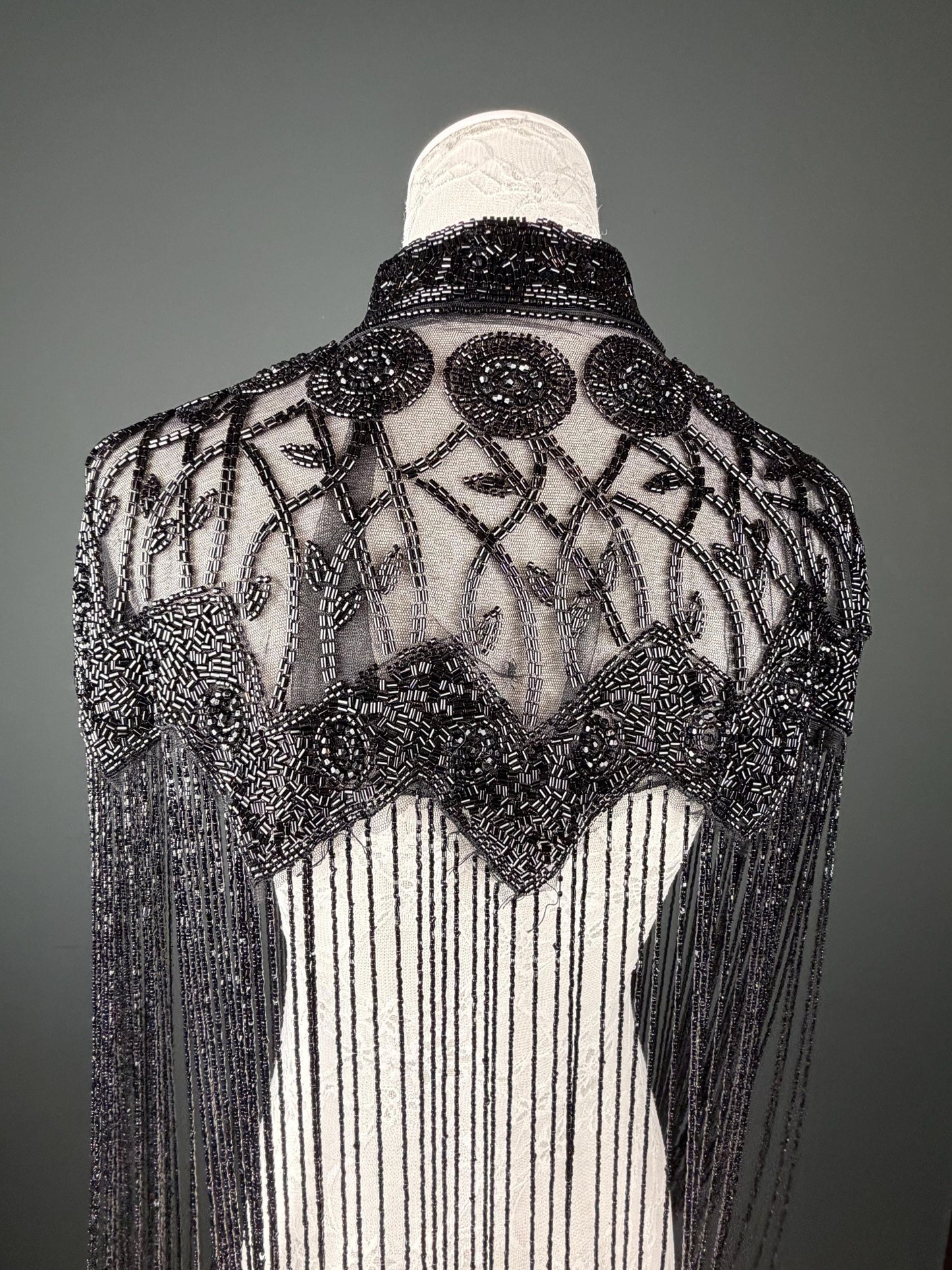 Beaded Fringe Cape Shawl – Handmade Black / Black, Gold or Silver Embellished Evening Wrap