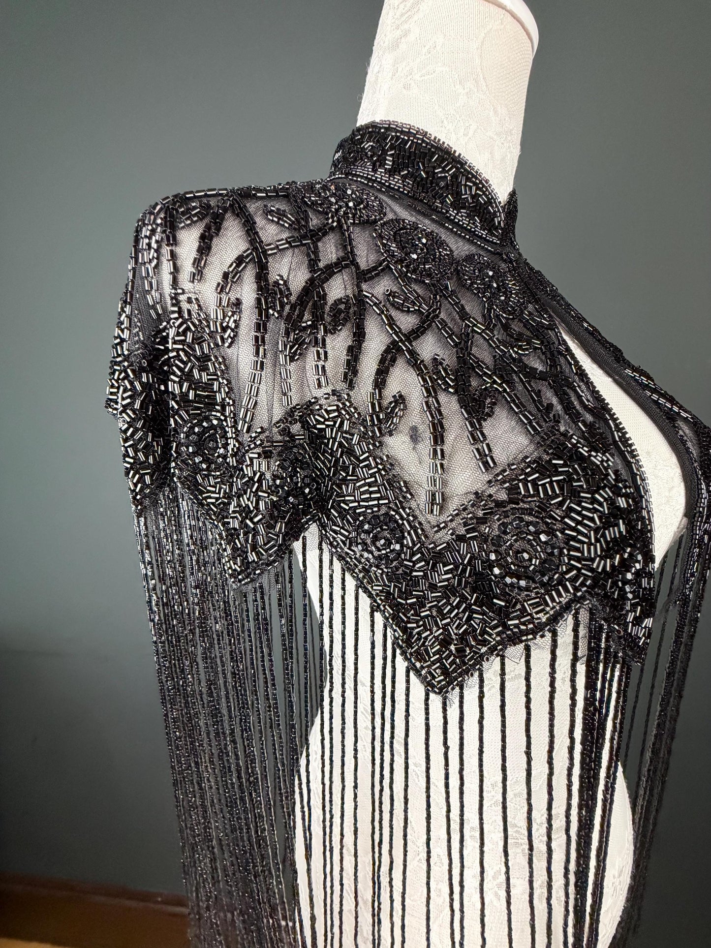 Beaded Fringe Cape Shawl – Handmade Black / Black, Gold or Silver Embellished Evening Wrap