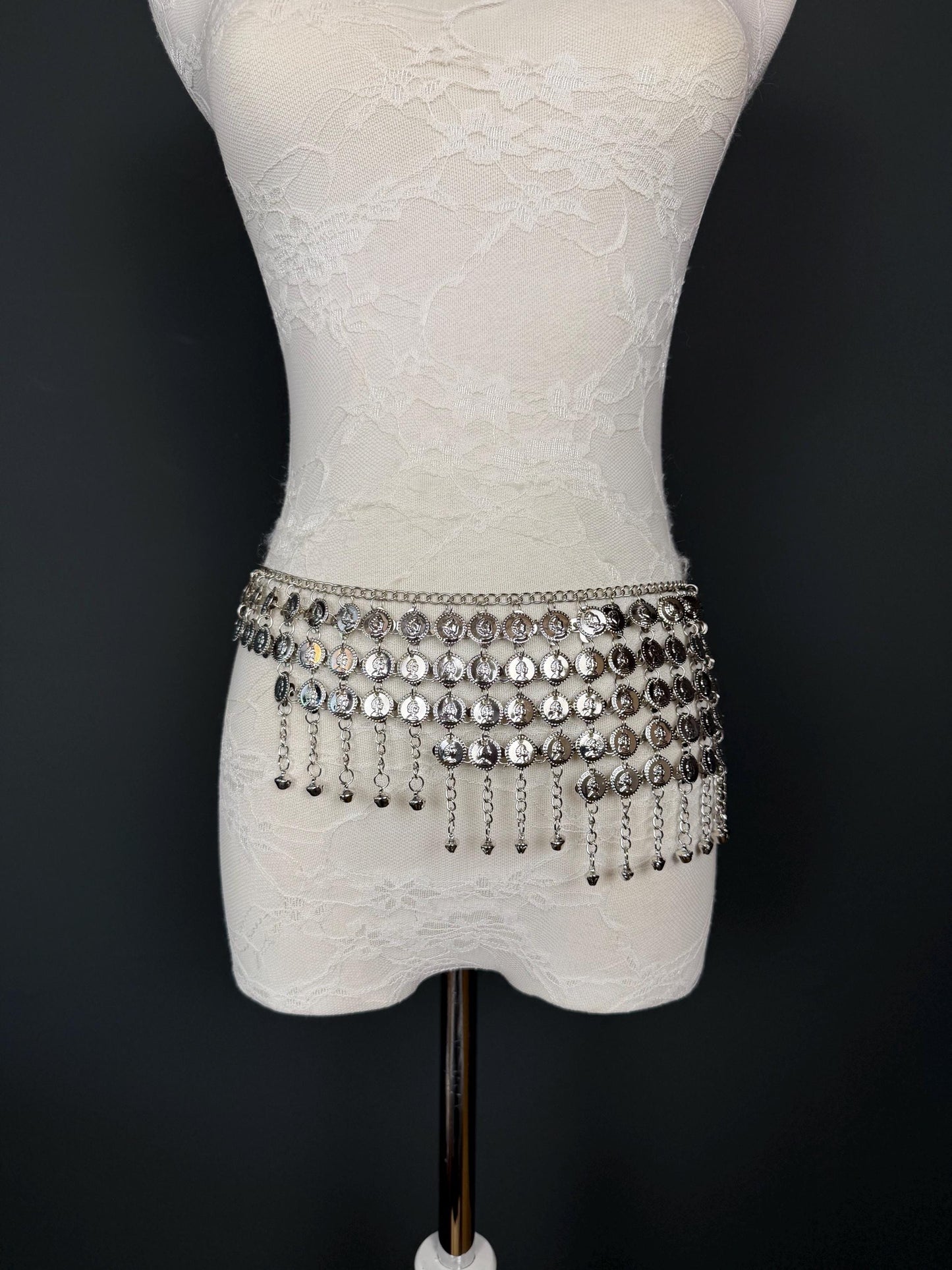 Handmade Coin Disc Bell Belly Chain Belt: Festival Costume Accessory 18-40inch, Silver, Gold, Beach Accessory