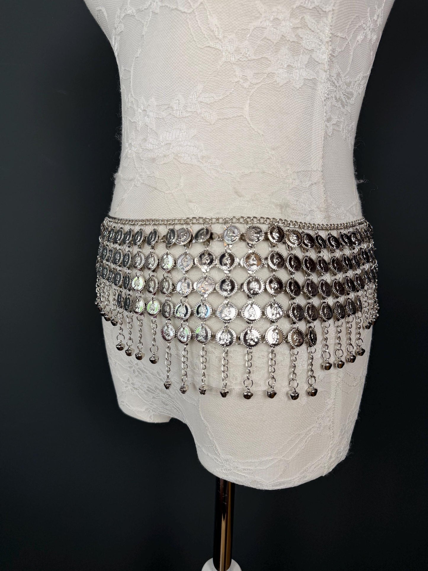 Handmade Coin Disc Bell Belly Chain Belt: Festival Costume Accessory 18-40inch, Silver, Gold, Beach Accessory