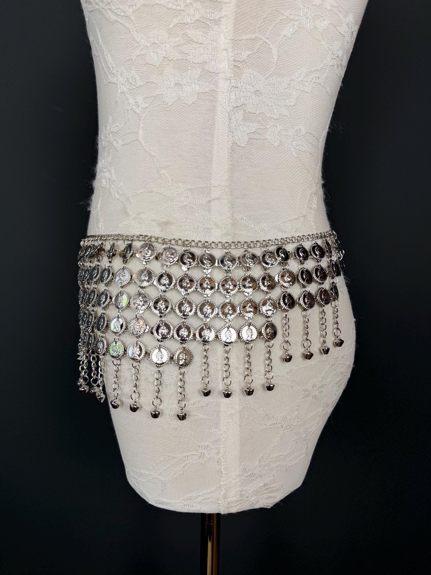 Handmade Coin Disc Bell Belly Chain Belt: Festival Costume Accessory 18-40inch, Silver, Gold, Beach Accessory