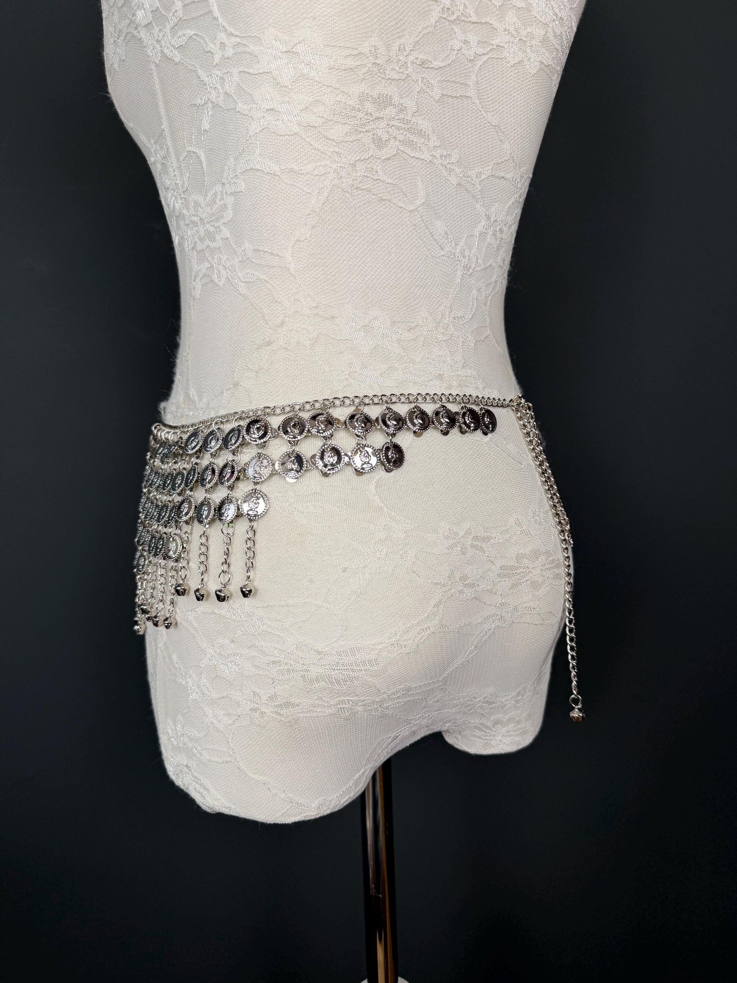 Handmade Coin Disc Bell Belly Chain Belt: Festival Costume Accessory 18-40inch, Silver, Gold, Beach Accessory