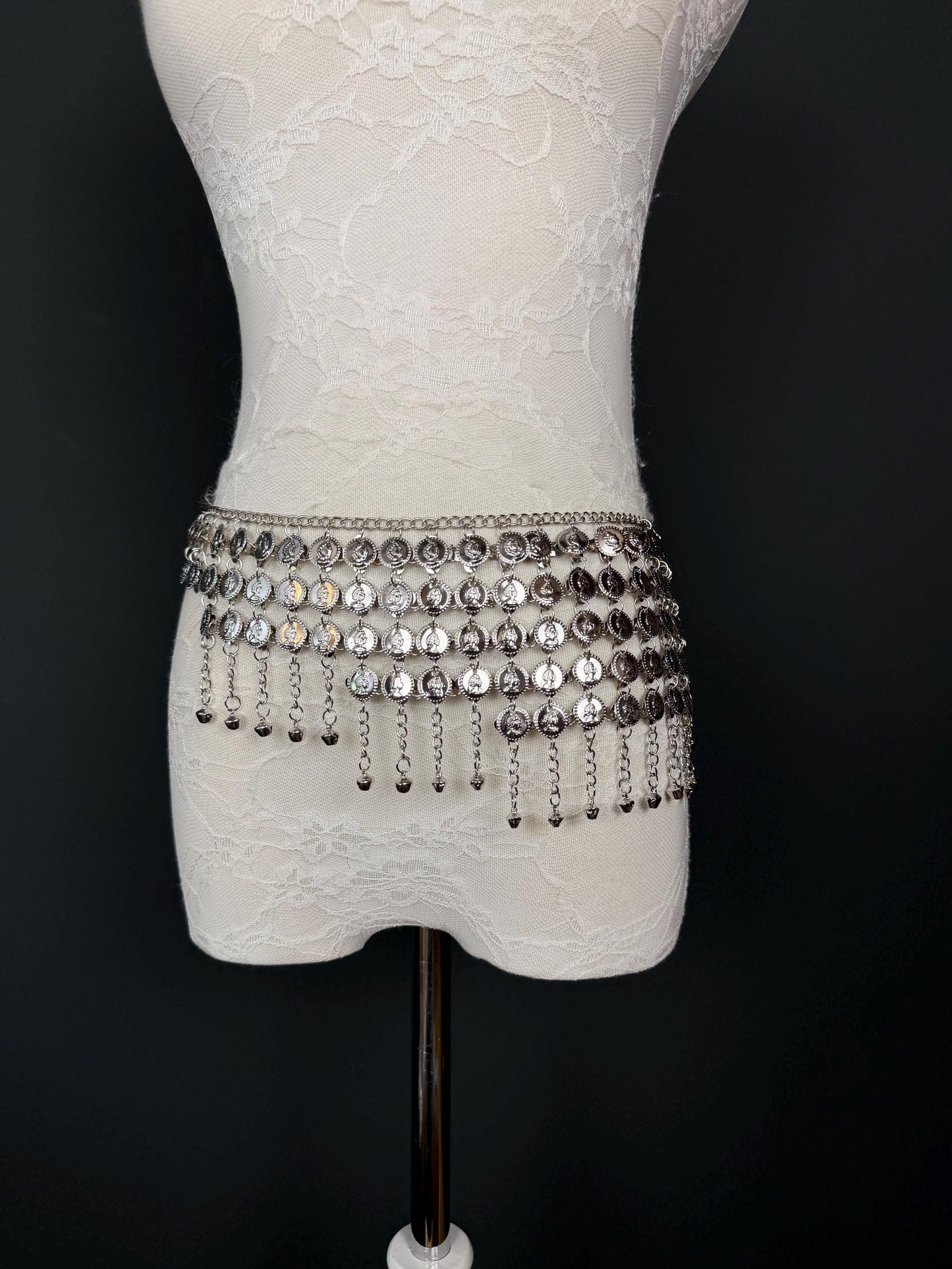 Handmade Coin Disc Bell Belly Chain Belt: Festival Costume Accessory 18-40inch, Silver, Gold, Beach Accessory