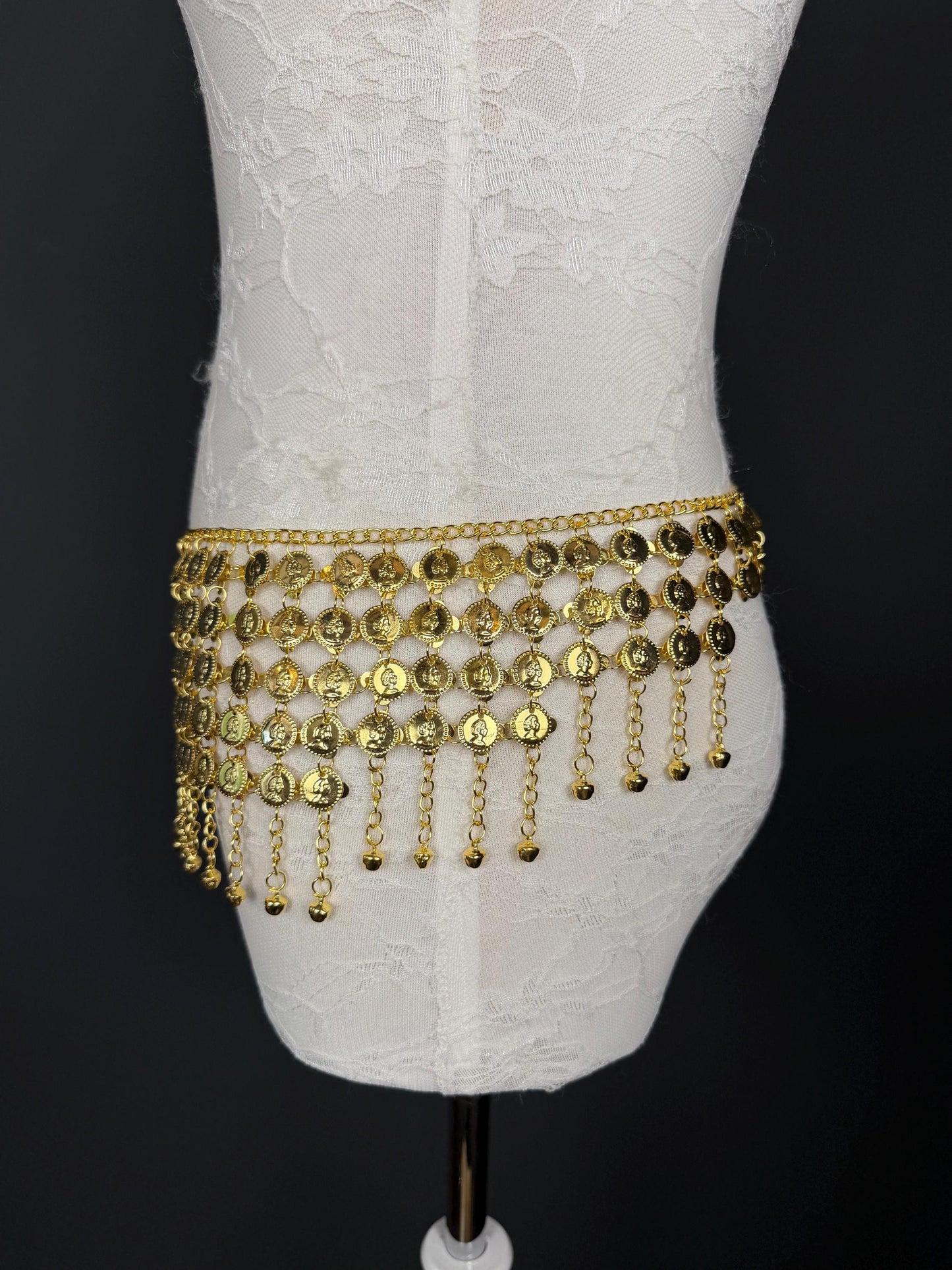Handmade Coin Disc Bell Belly Chain Belt: Festival Costume Accessory 18-40inch, Silver, Gold, Beach Accessory