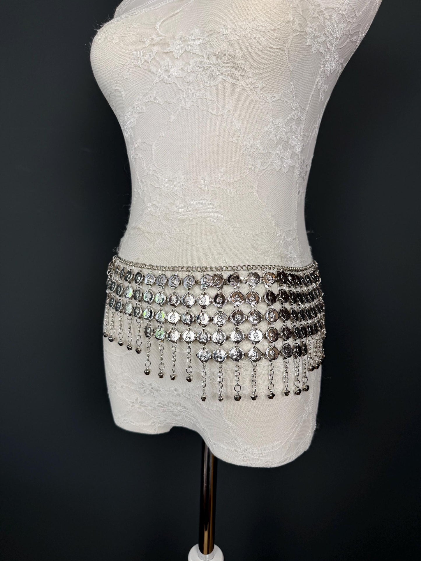 Handmade Coin Disc Bell Belly Chain Belt: Festival Costume Accessory 18-40inch, Silver, Gold, Beach Accessory