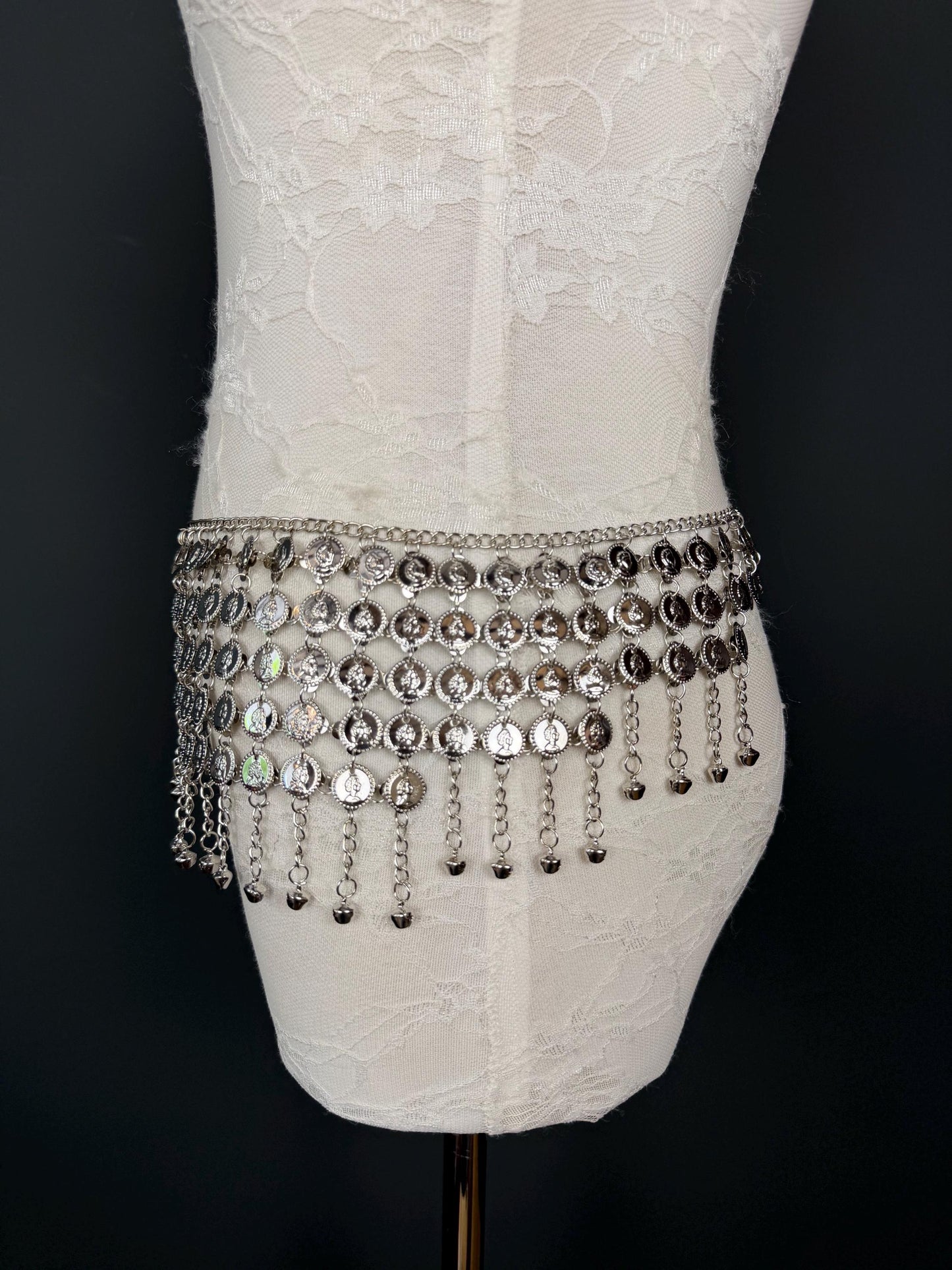 Handmade Coin Disc Bell Belly Chain Belt: Festival Costume Accessory 18-40inch, Silver, Gold, Beach Accessory