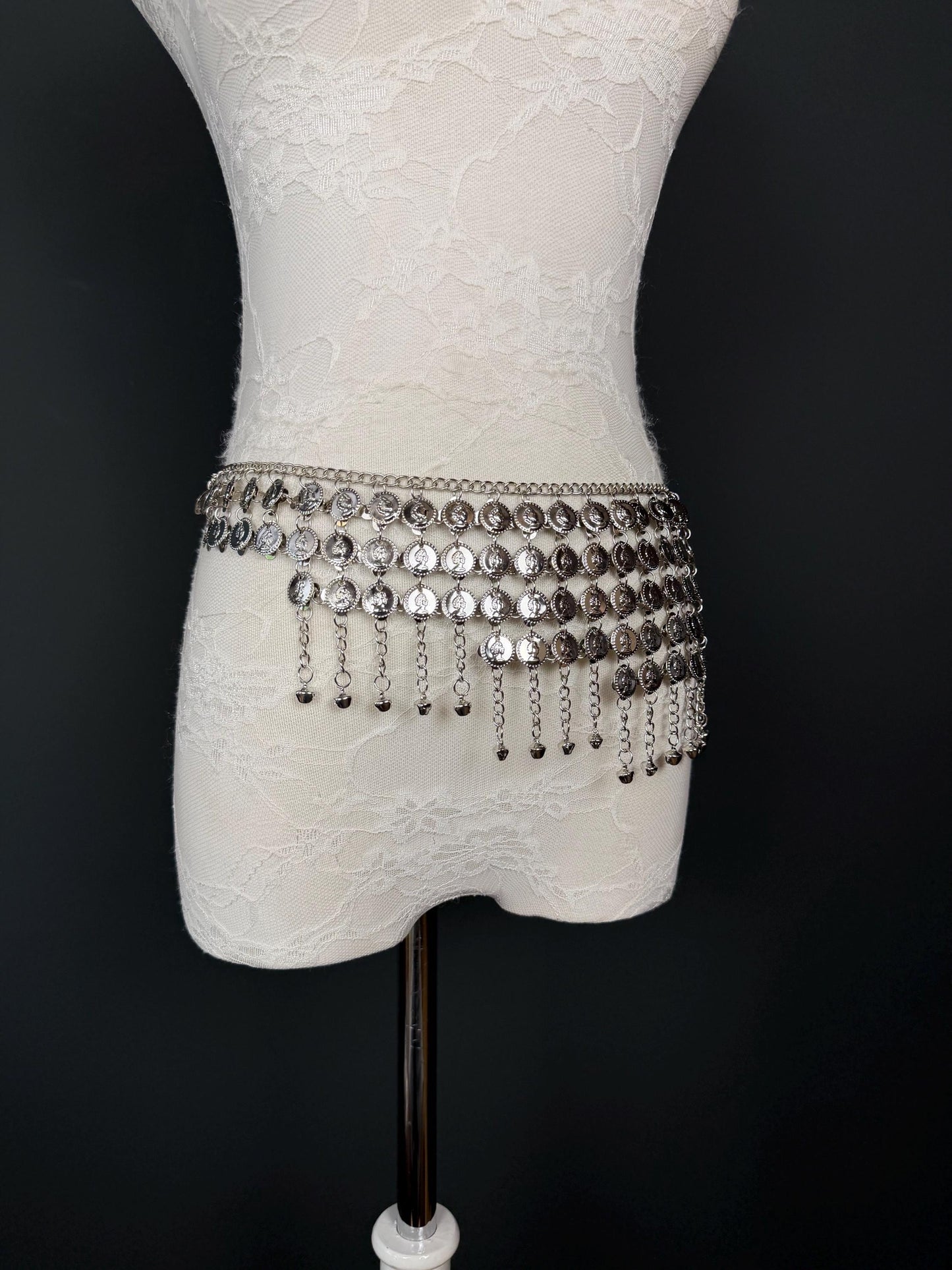 Handmade Coin Disc Bell Belly Chain Belt: Festival Costume Accessory 18-40inch, Silver, Gold, Beach Accessory