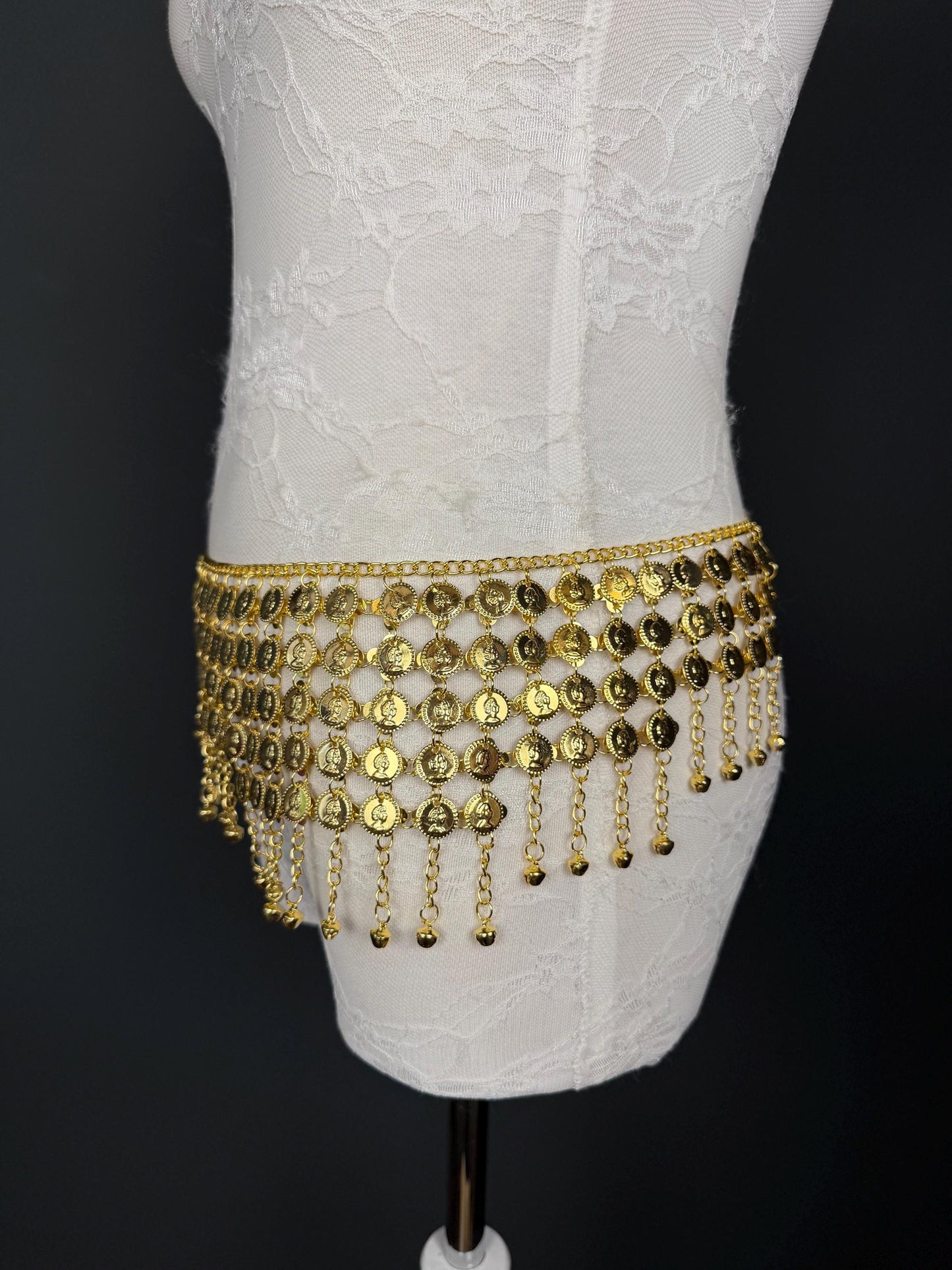 Handmade Coin Disc Bell Belly Chain Belt: Festival Costume Accessory 18-40inch, Silver, Gold, Beach Accessory
