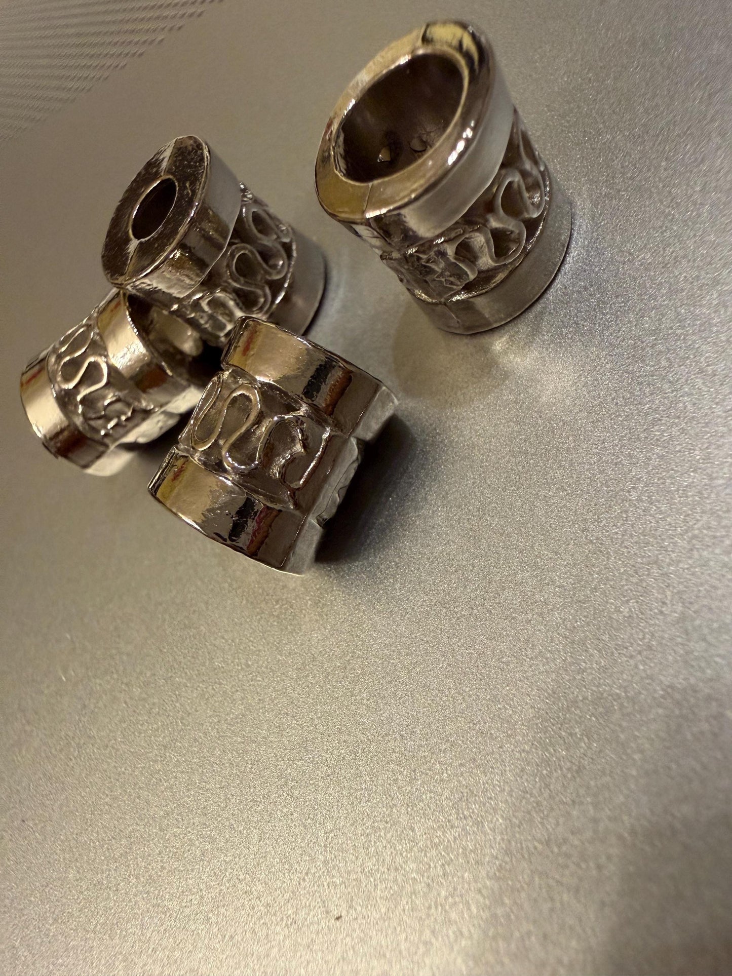 Metal Beads, Cord Ends, Silver Solid Metal, Engraved, 13mm x 11mm, 1/2” Bead Cord ends