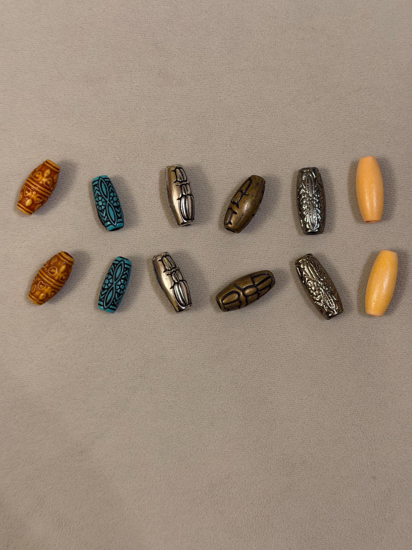 4x Beads, Antique Brass, Gunmetal, Silver, Patterened Bead, Cord End, Tube Bead, Crafts, Clothing