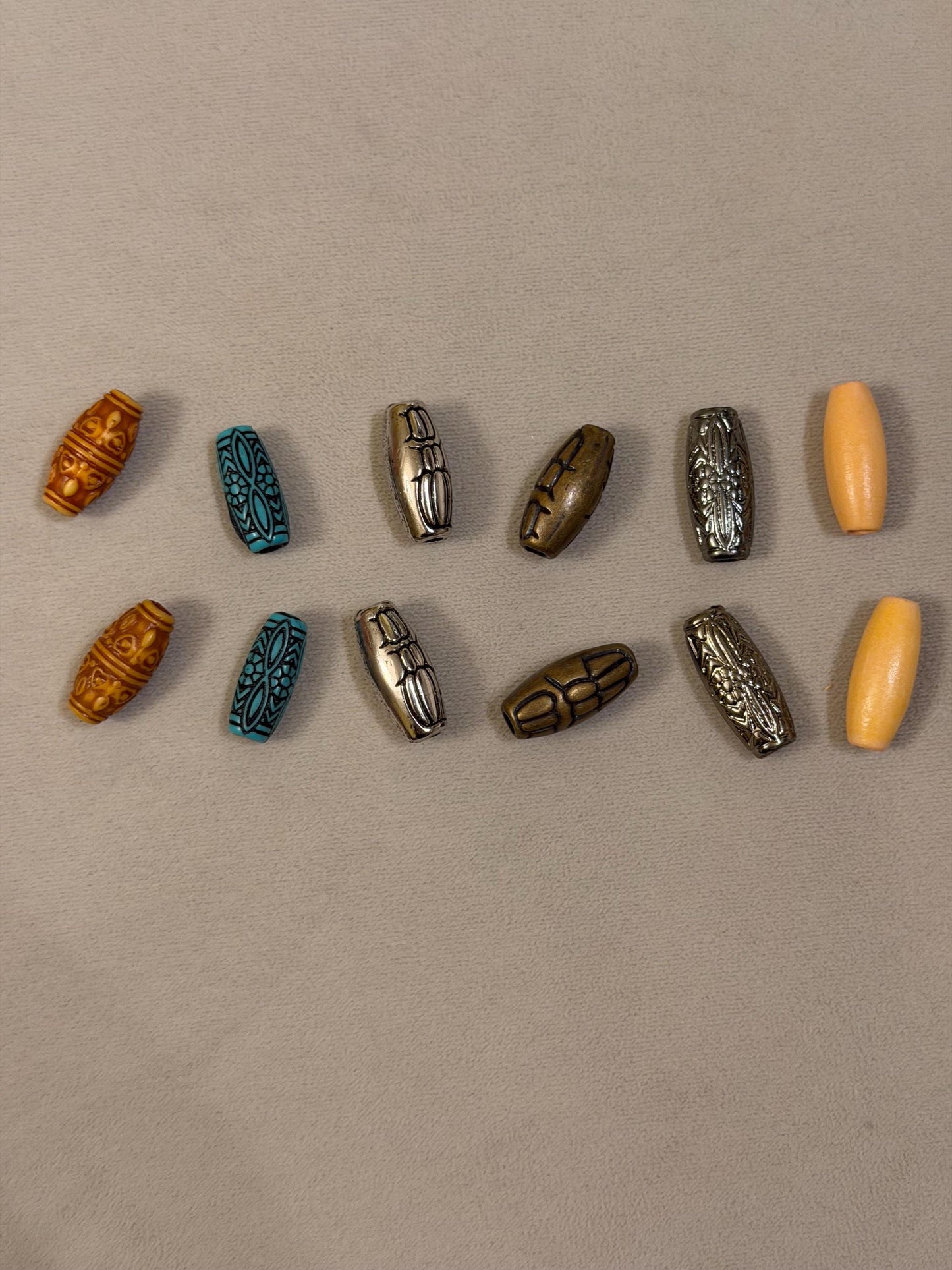 4x Beads, Antique Brass, Gunmetal, Silver, Patterened Bead, Cord End, Tube Bead, Crafts, Clothing
