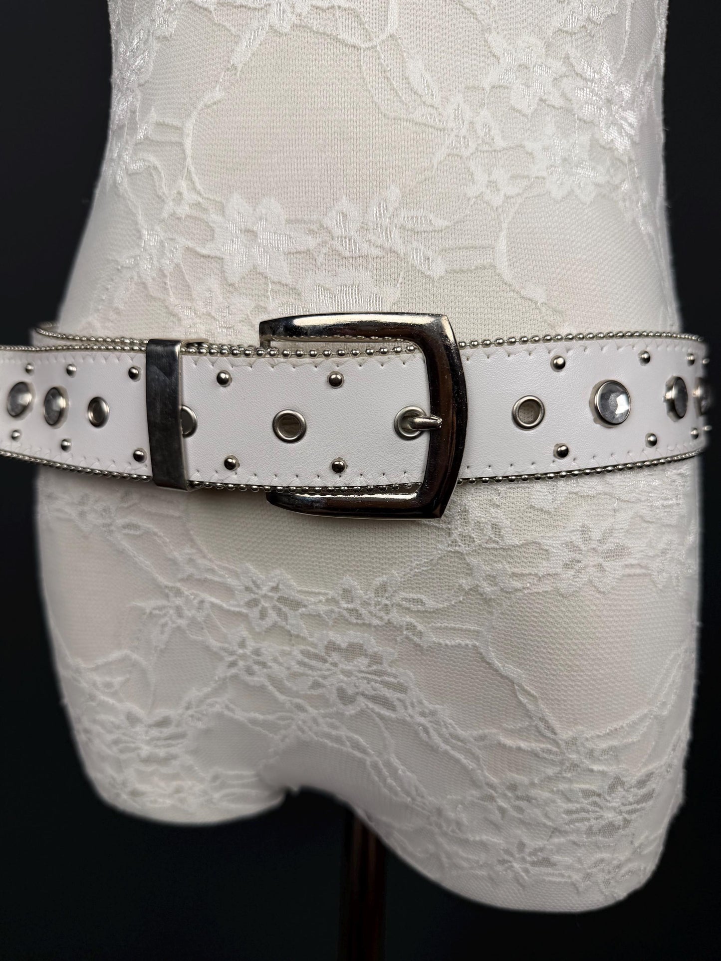 White Studed Rhinestone Belt, 3.5cm Wide Belt