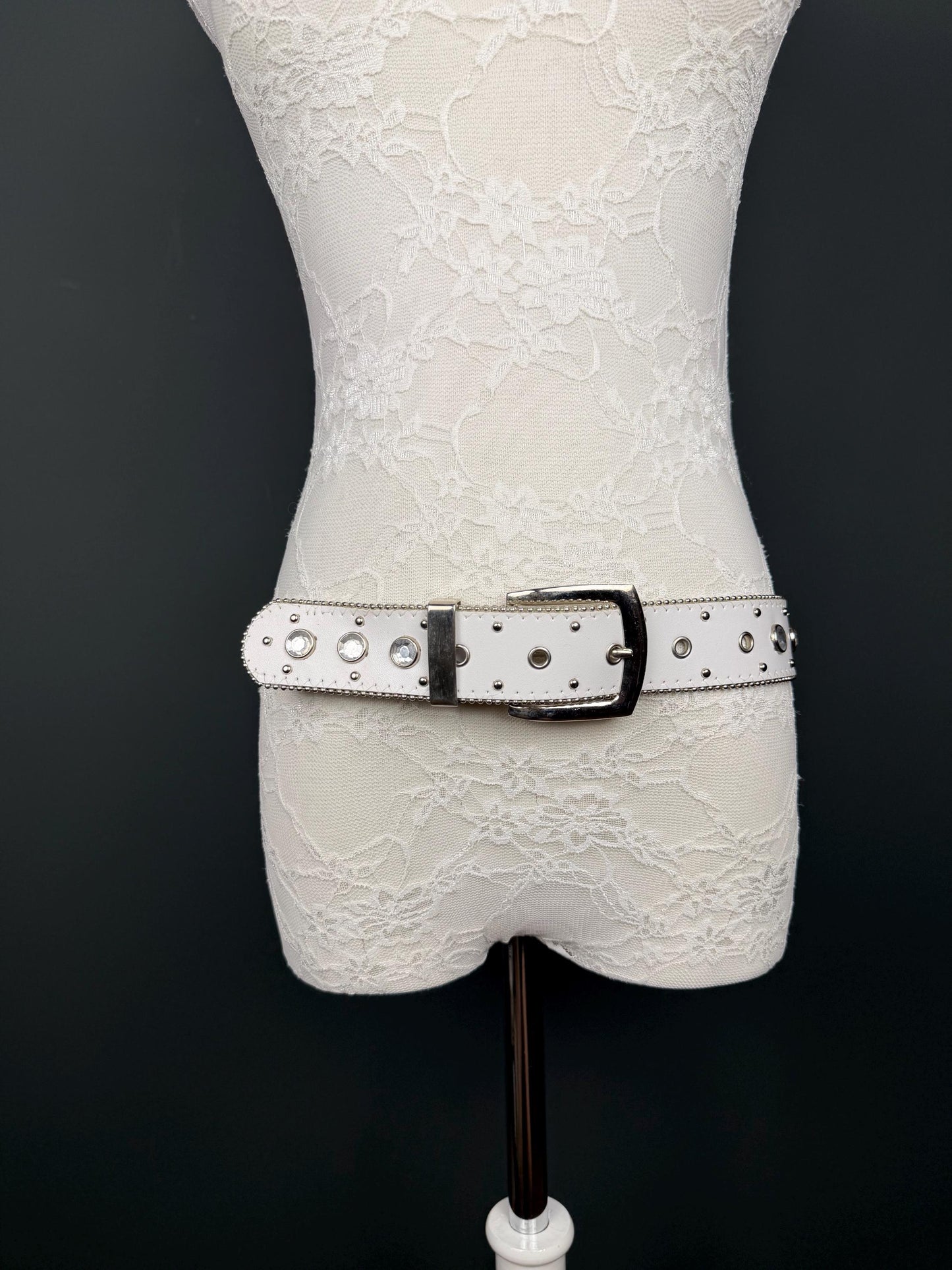 White Studed Rhinestone Belt, 3.5cm Wide Belt