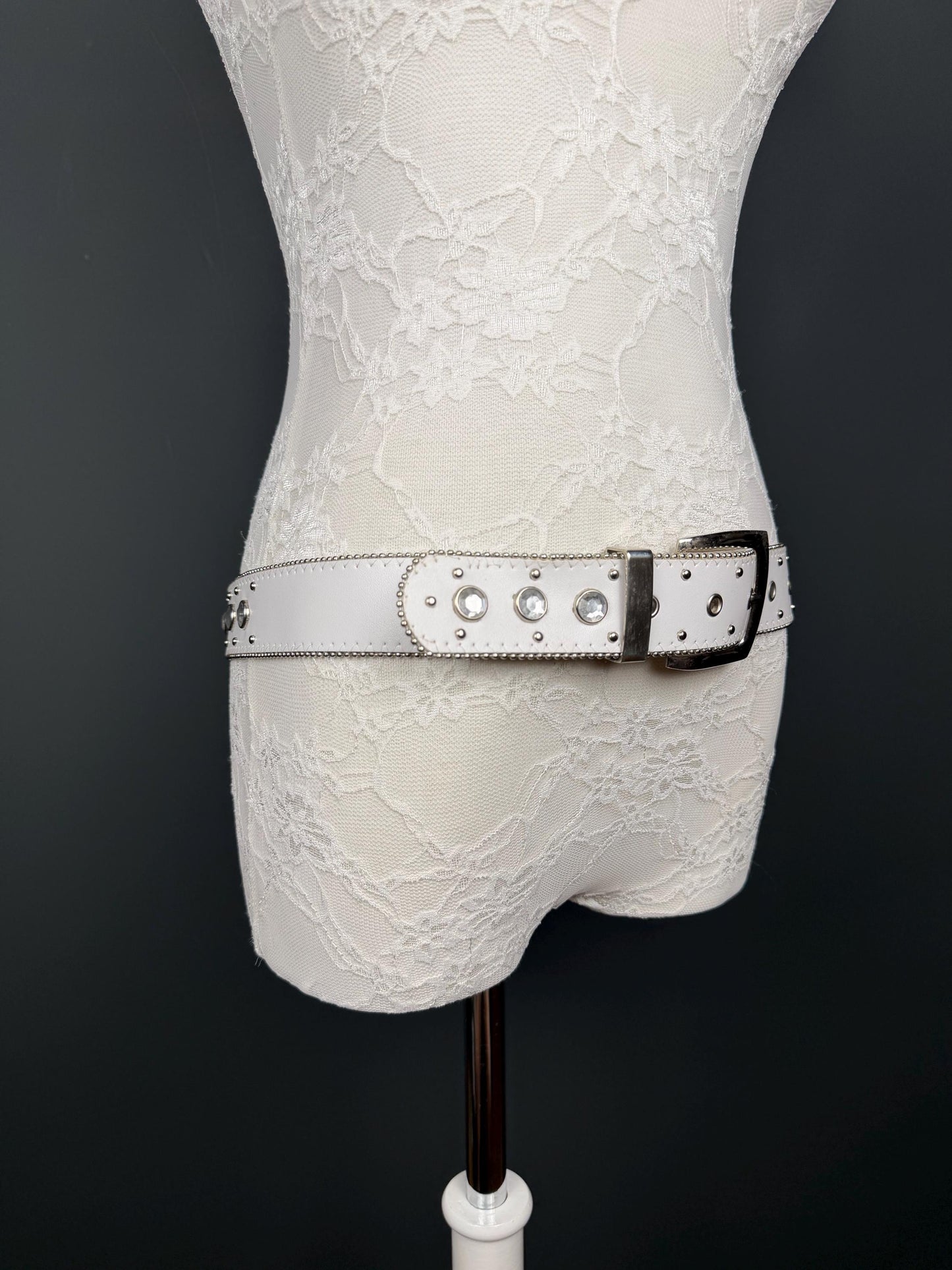 White Studed Rhinestone Belt, 3.5cm Wide Belt