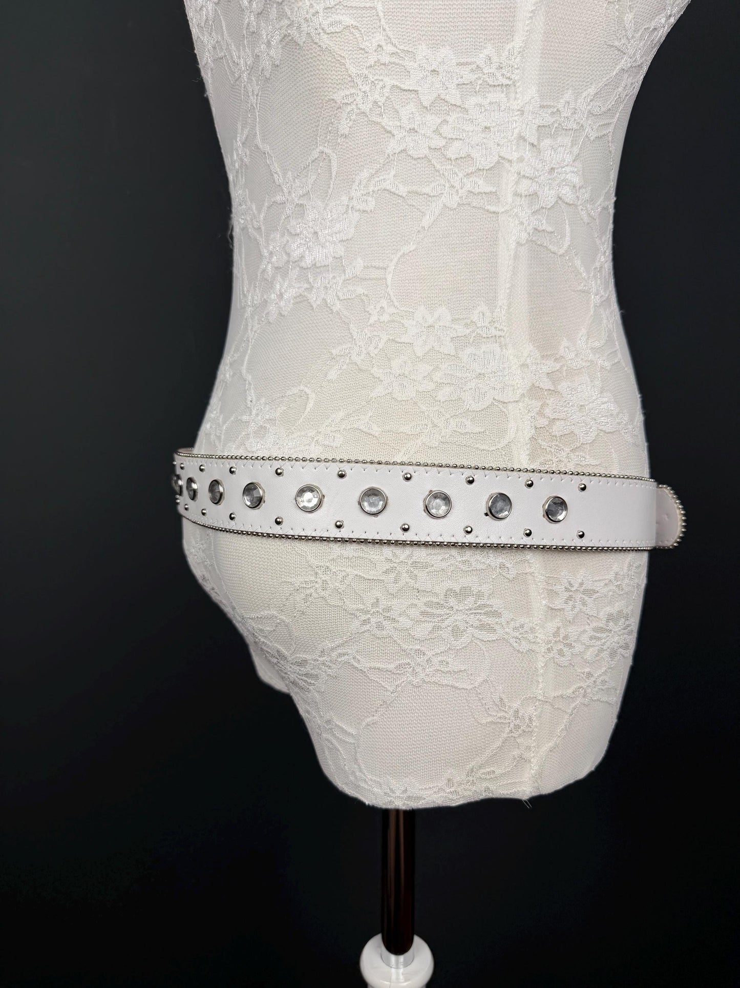 White Studed Rhinestone Belt, 3.5cm Wide Belt