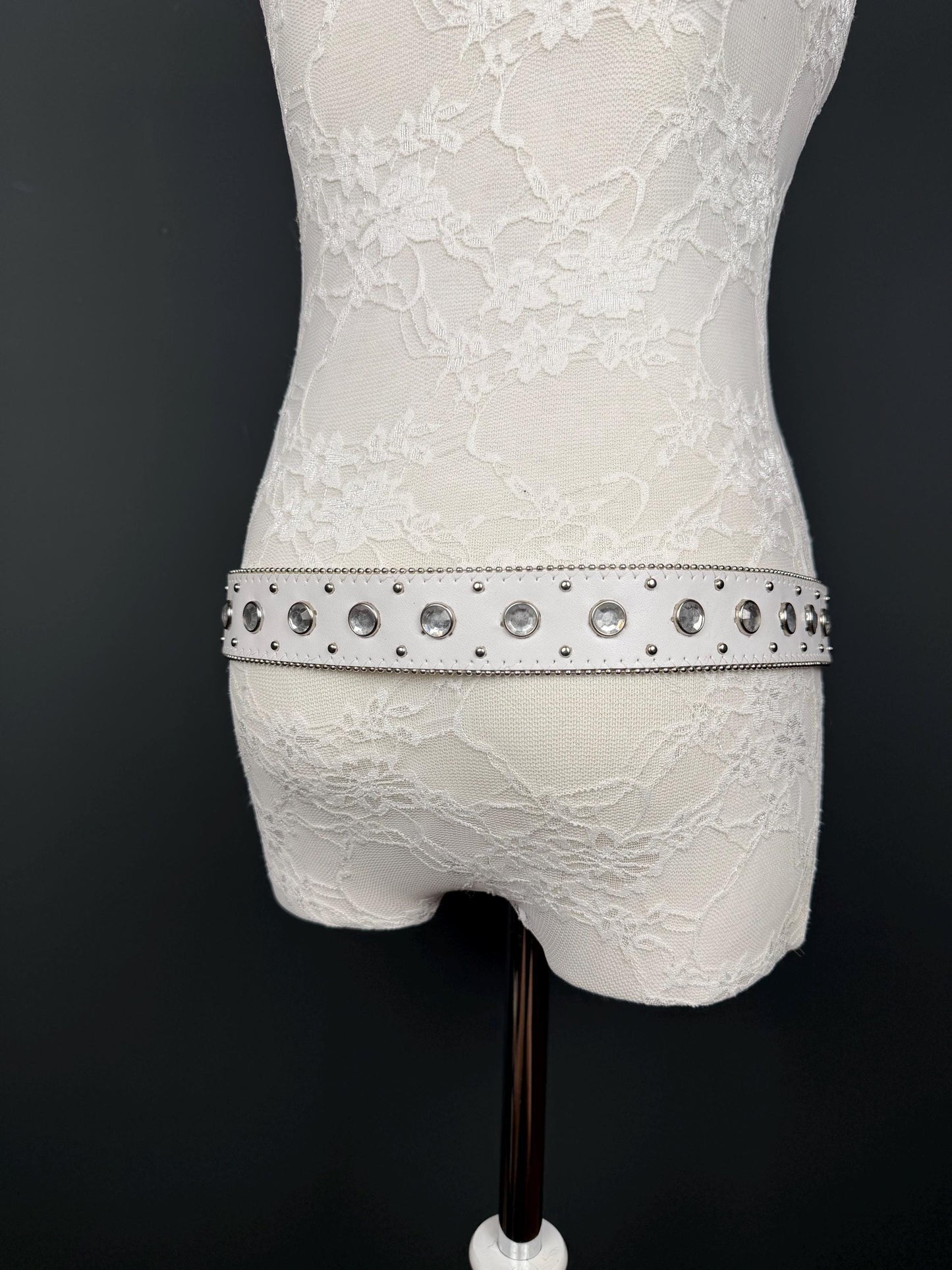 White Studed Rhinestone Belt, 3.5cm Wide Belt