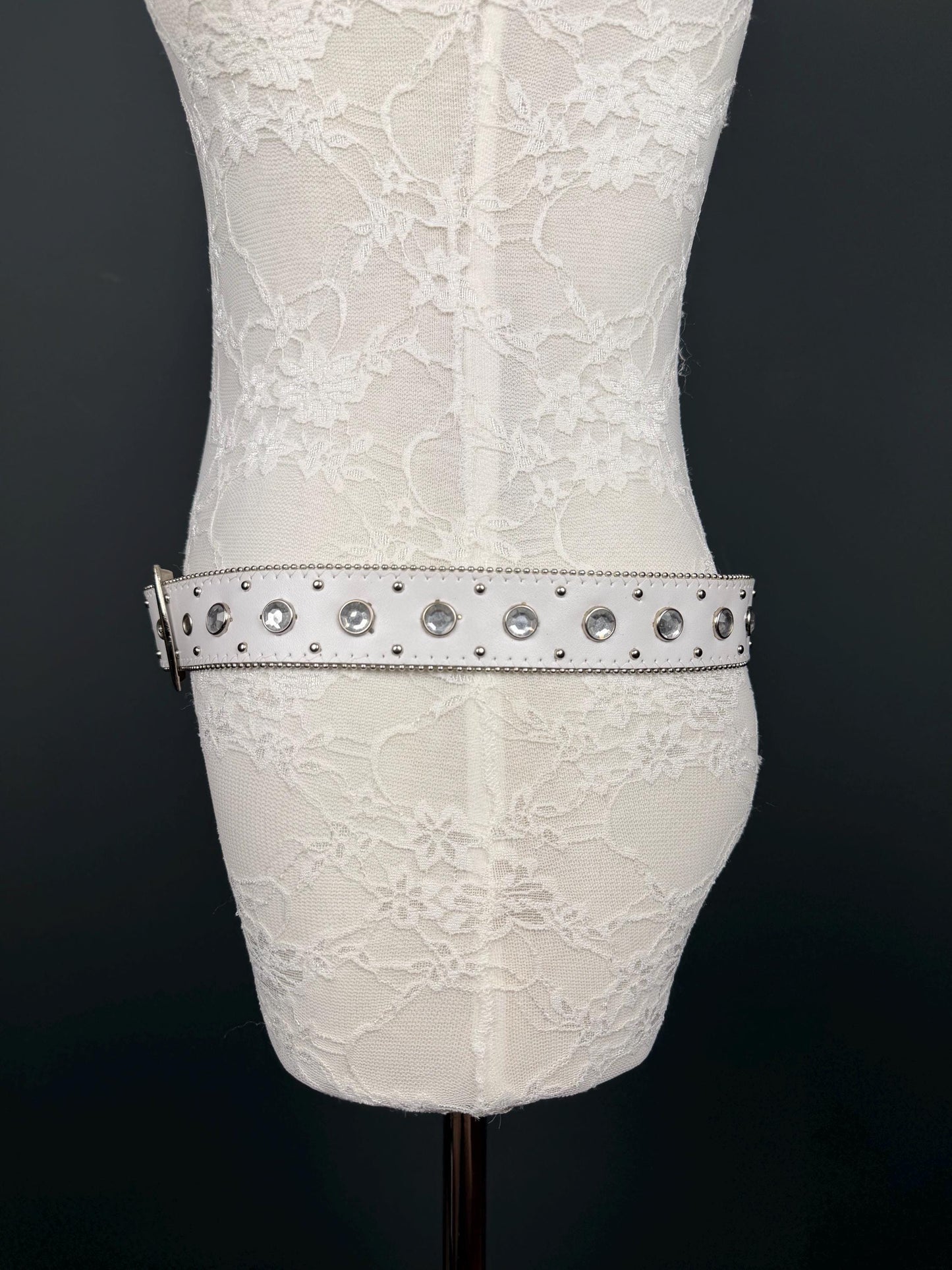 White Studed Rhinestone Belt, 3.5cm Wide Belt