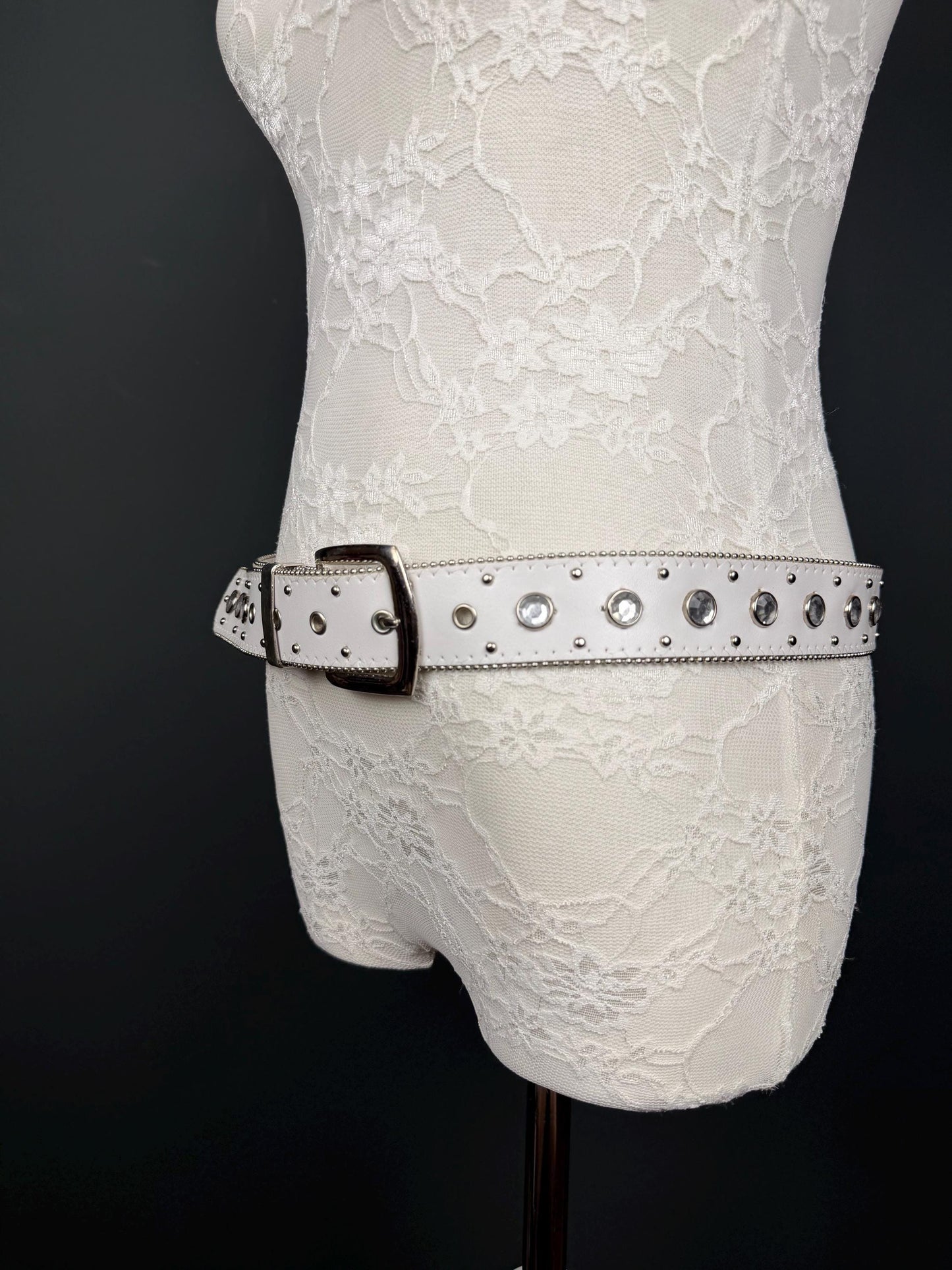 White Studed Rhinestone Belt, 3.5cm Wide Belt