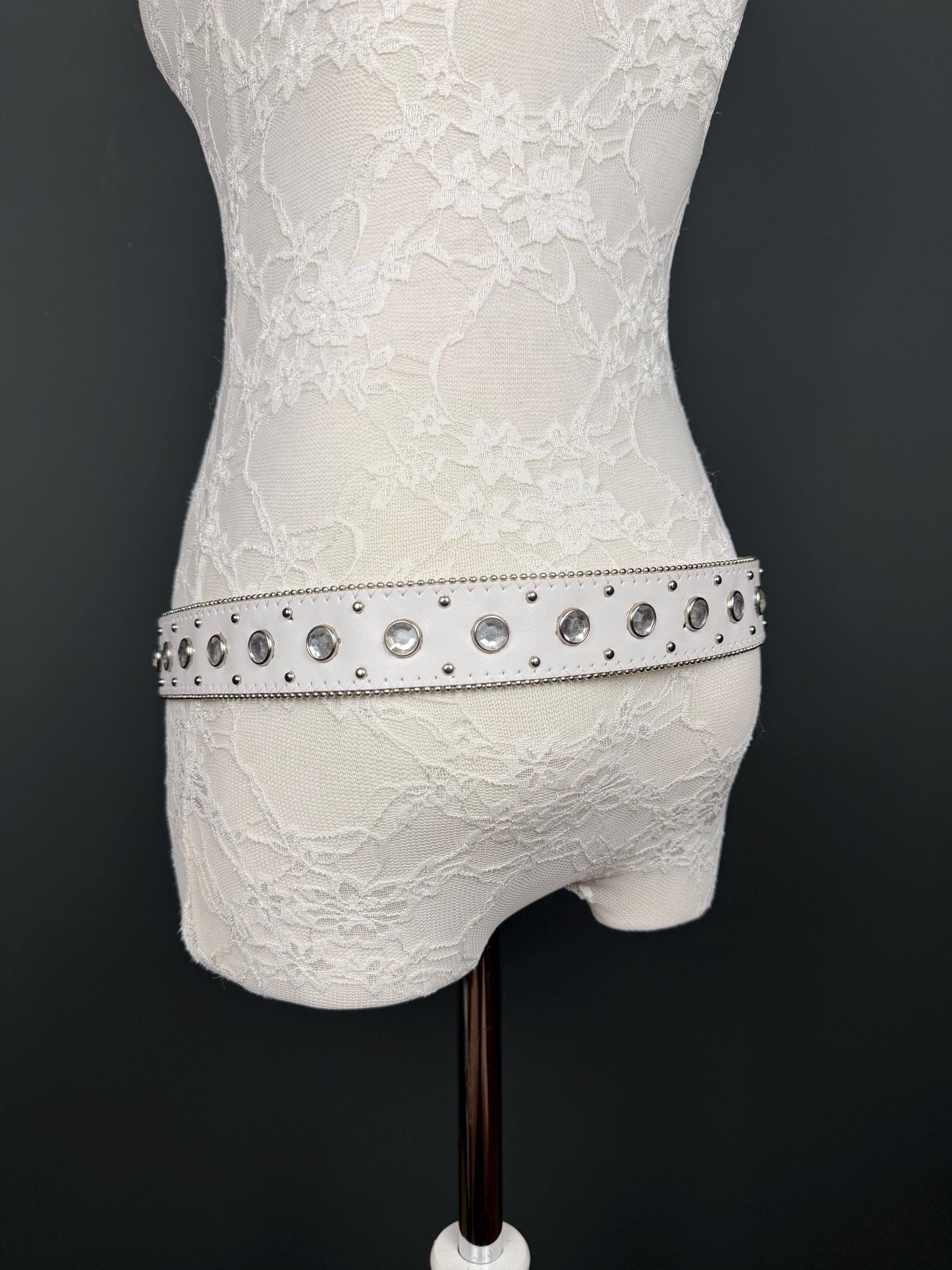 White Studed Rhinestone Belt, 3.5cm Wide Belt