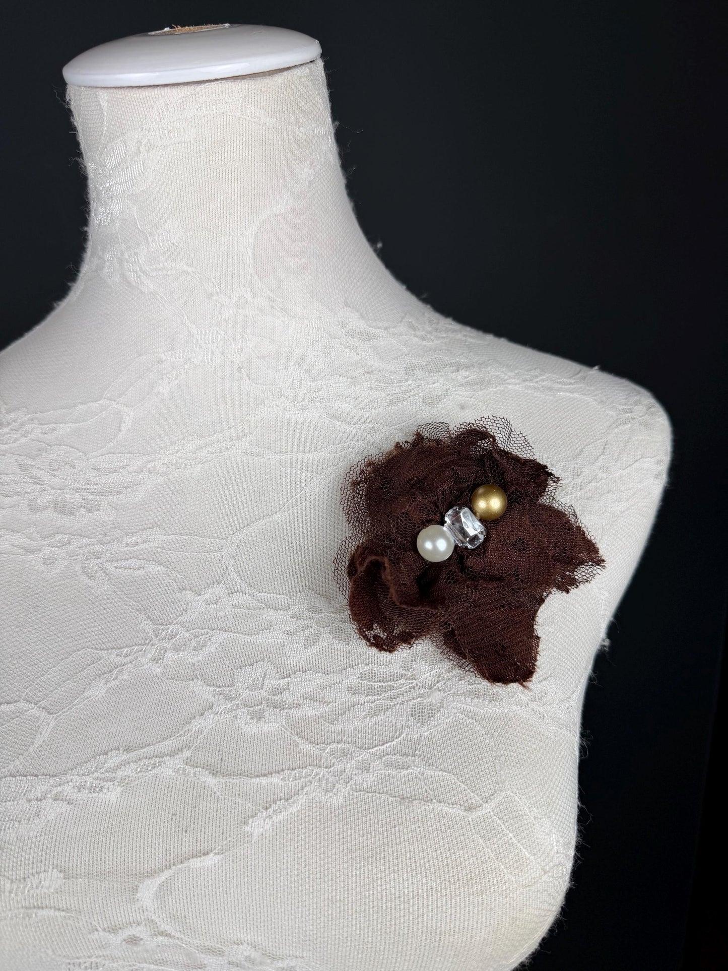Brown Corsage, 7.5cm, 3” Wide, Beaded Corsage, Pin on Flower Corsage