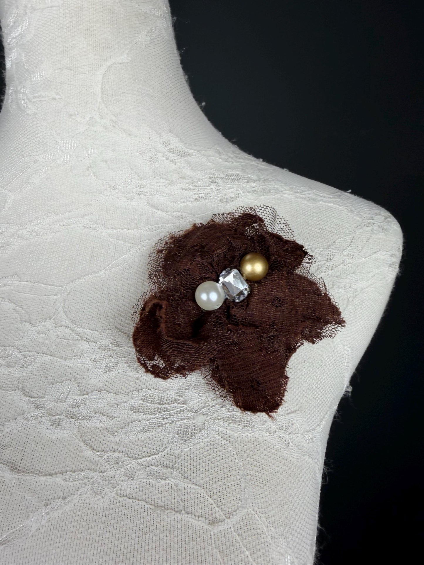 Brown Corsage, 7.5cm, 3” Wide, Beaded Corsage, Pin on Flower Corsage