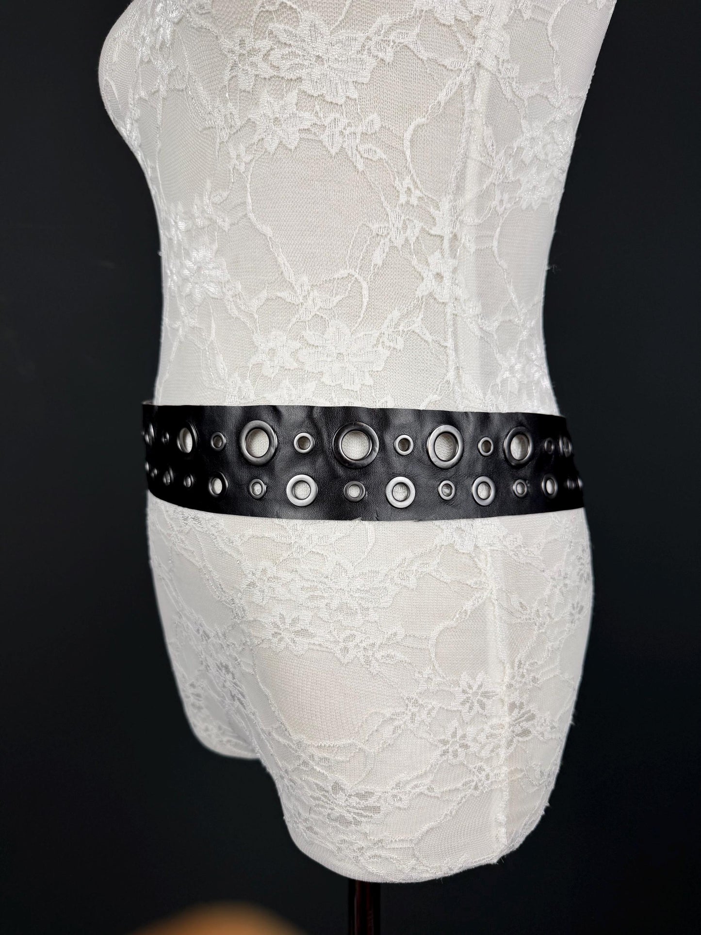 Eyelet Belt, 2” Wide, Gunmetal Eyelets, Vegan Belt, Faux Leather, Fashion Accessory