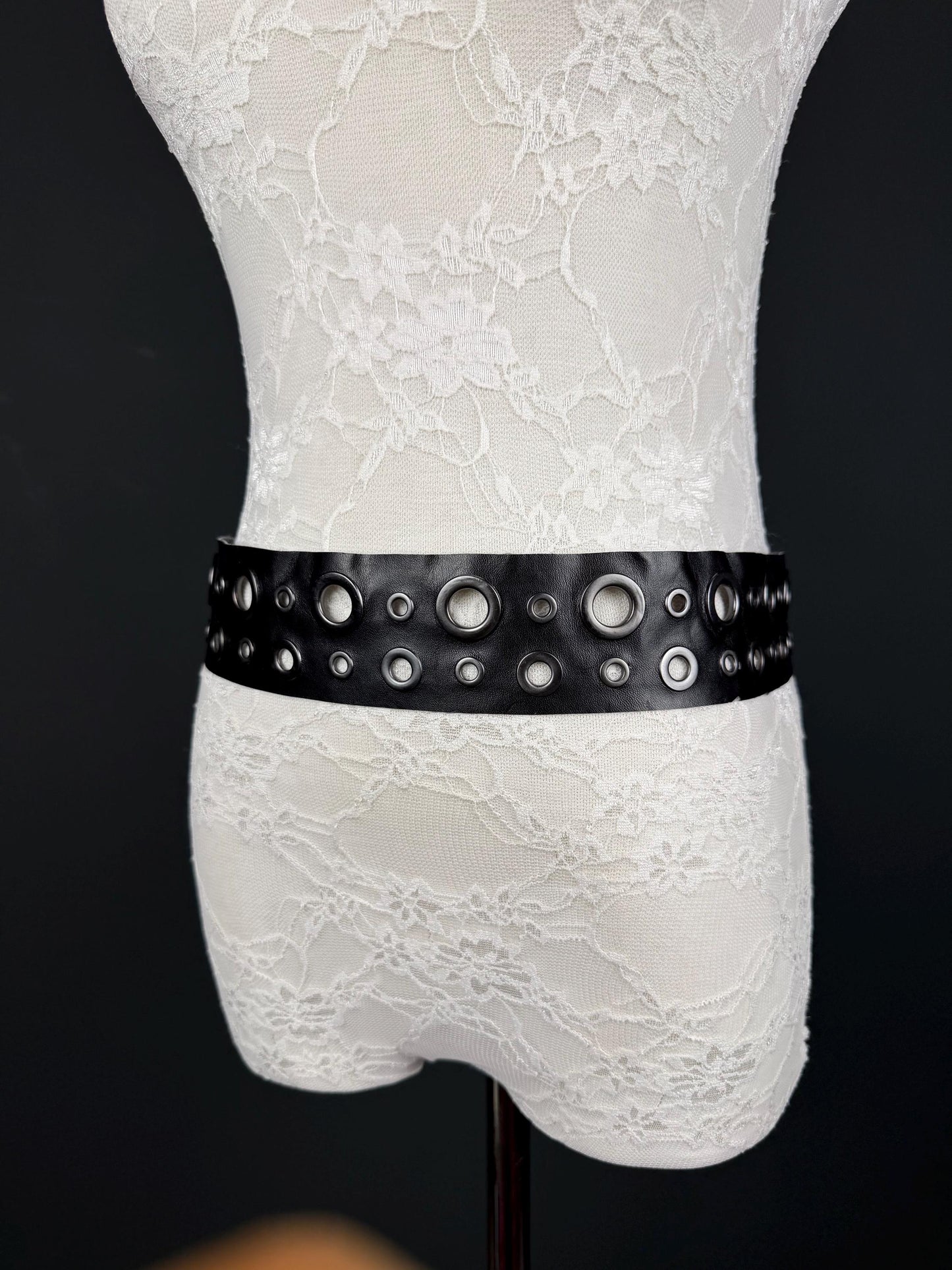 Eyelet Belt, 2” Wide, Gunmetal Eyelets, Vegan Belt, Faux Leather, Fashion Accessory