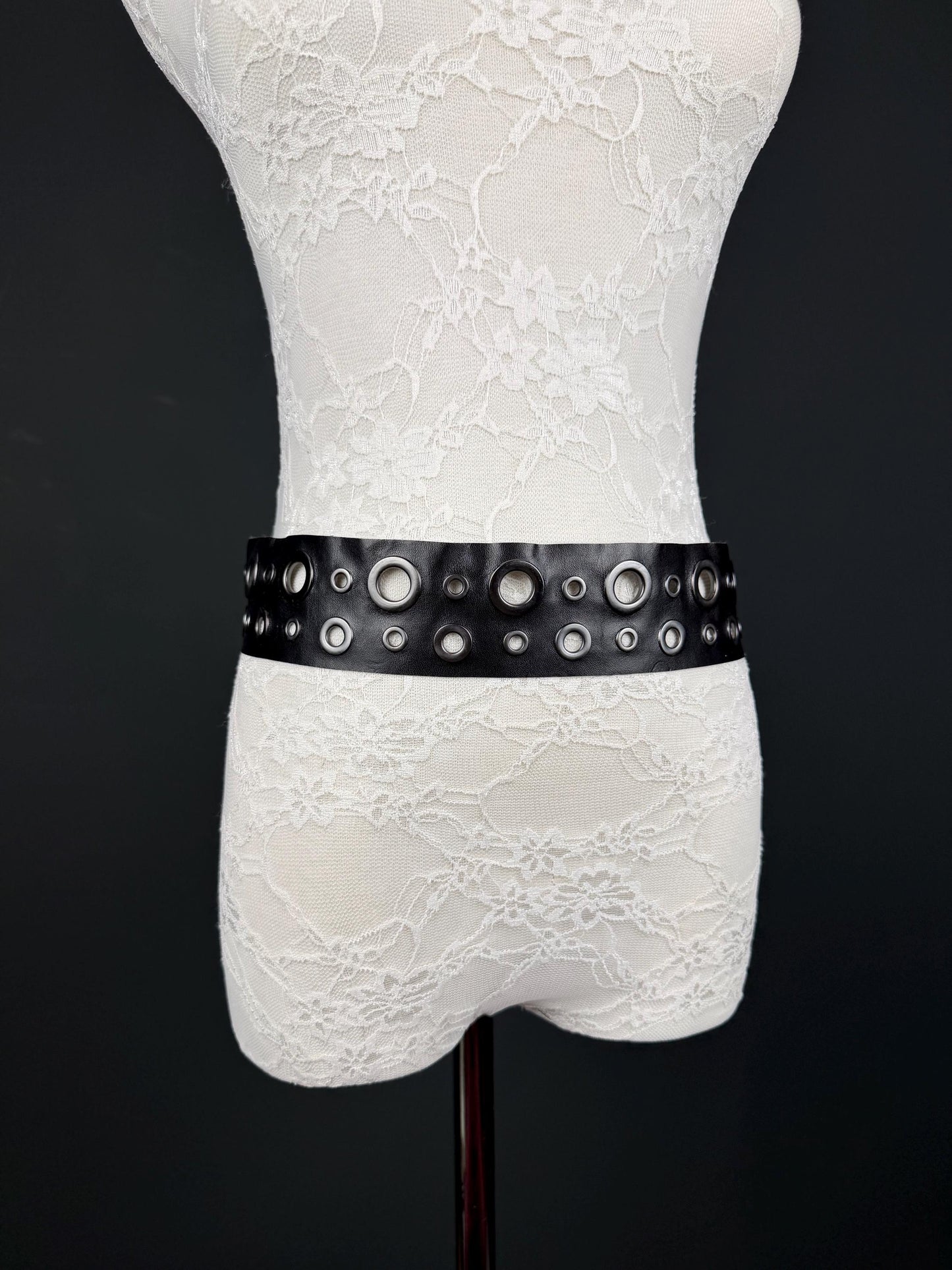 Eyelet Belt, 2” Wide, Gunmetal Eyelets, Vegan Belt, Faux Leather, Fashion Accessory