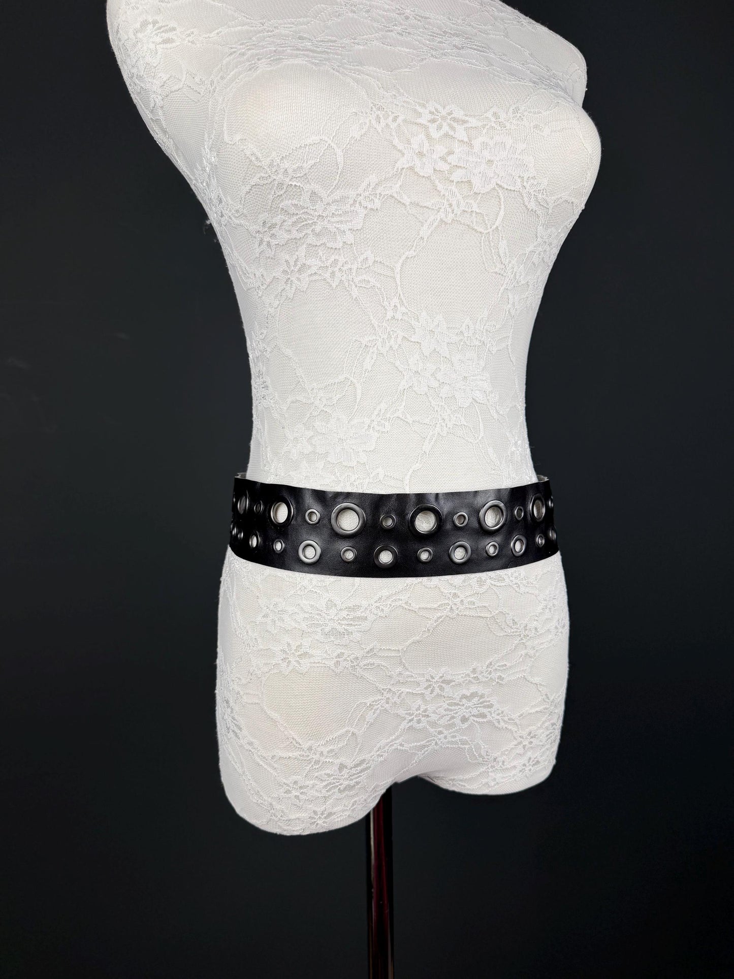 Eyelet Belt, 2” Wide, Gunmetal Eyelets, Vegan Belt, Faux Leather, Fashion Accessory