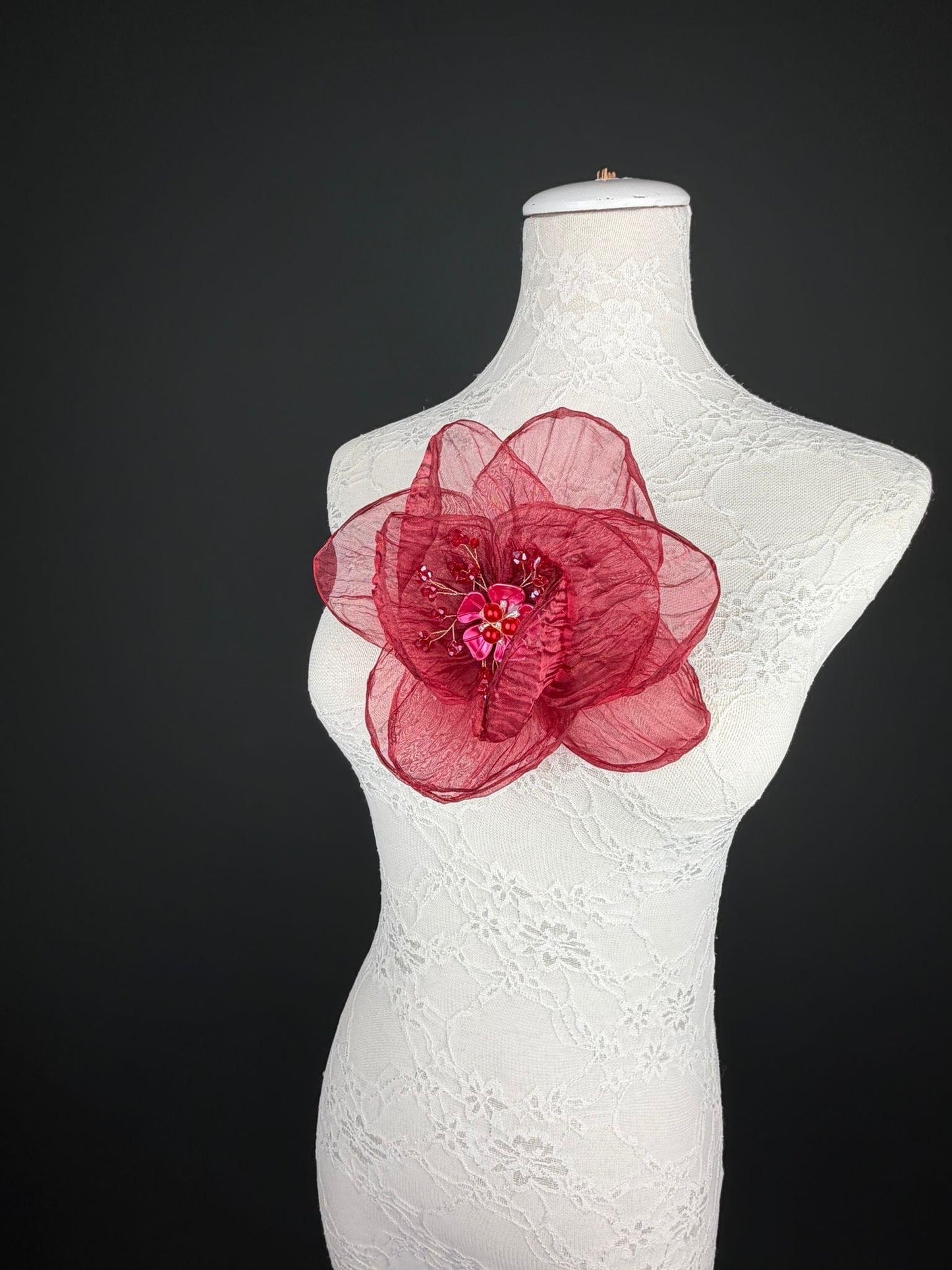 Large Organza Corsage Flower, Burgundy, 15 colours, 8” Wide, 20cm, Pin on Corsage, Bridal, Clothing, Dress, Hat, Accessory, FAN Design