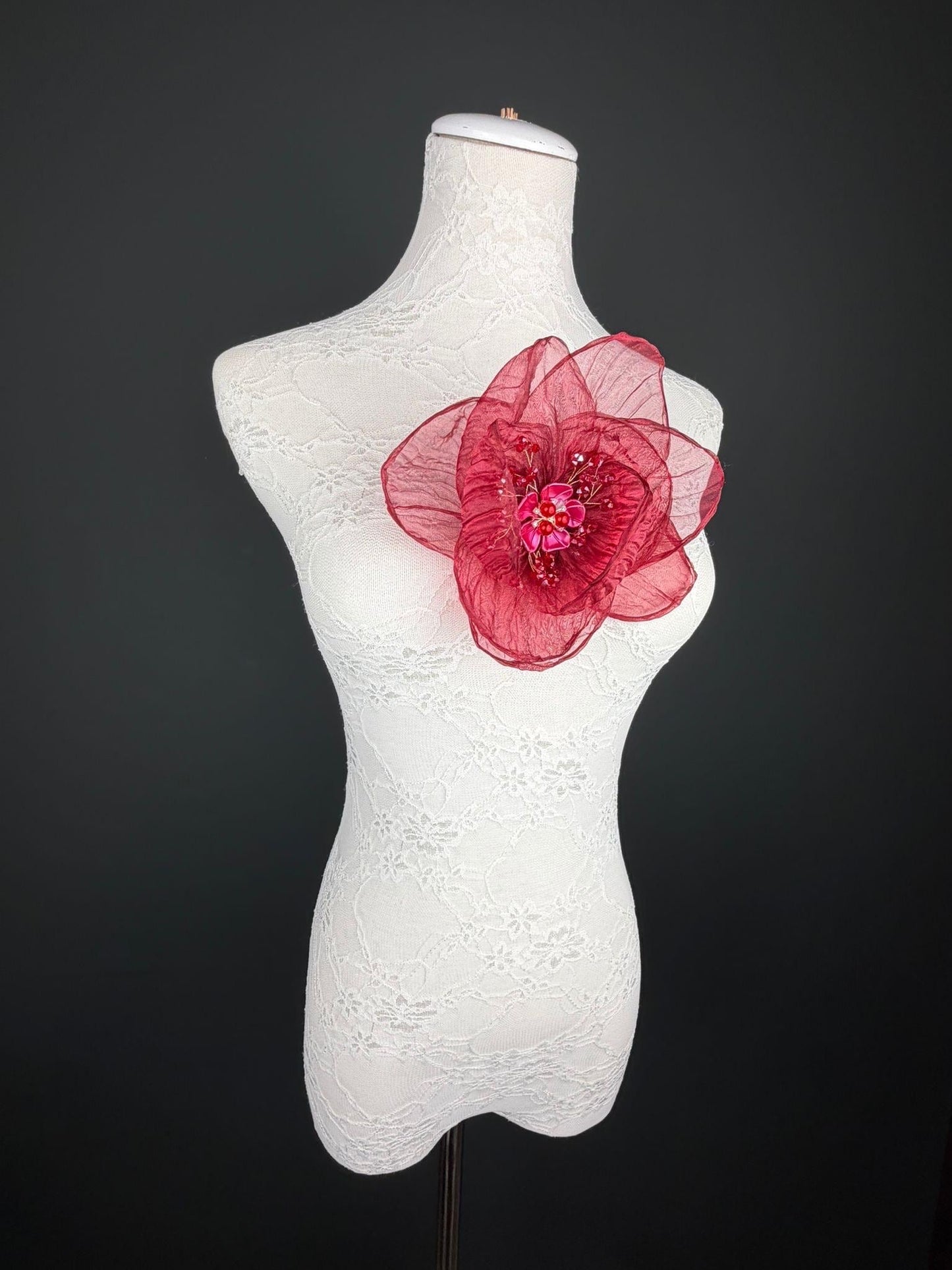 Large Organza Corsage Flower, Burgundy, 15 colours, 8” Wide, 20cm, Pin on Corsage, Bridal, Clothing, Dress, Hat, Accessory, FAN Design