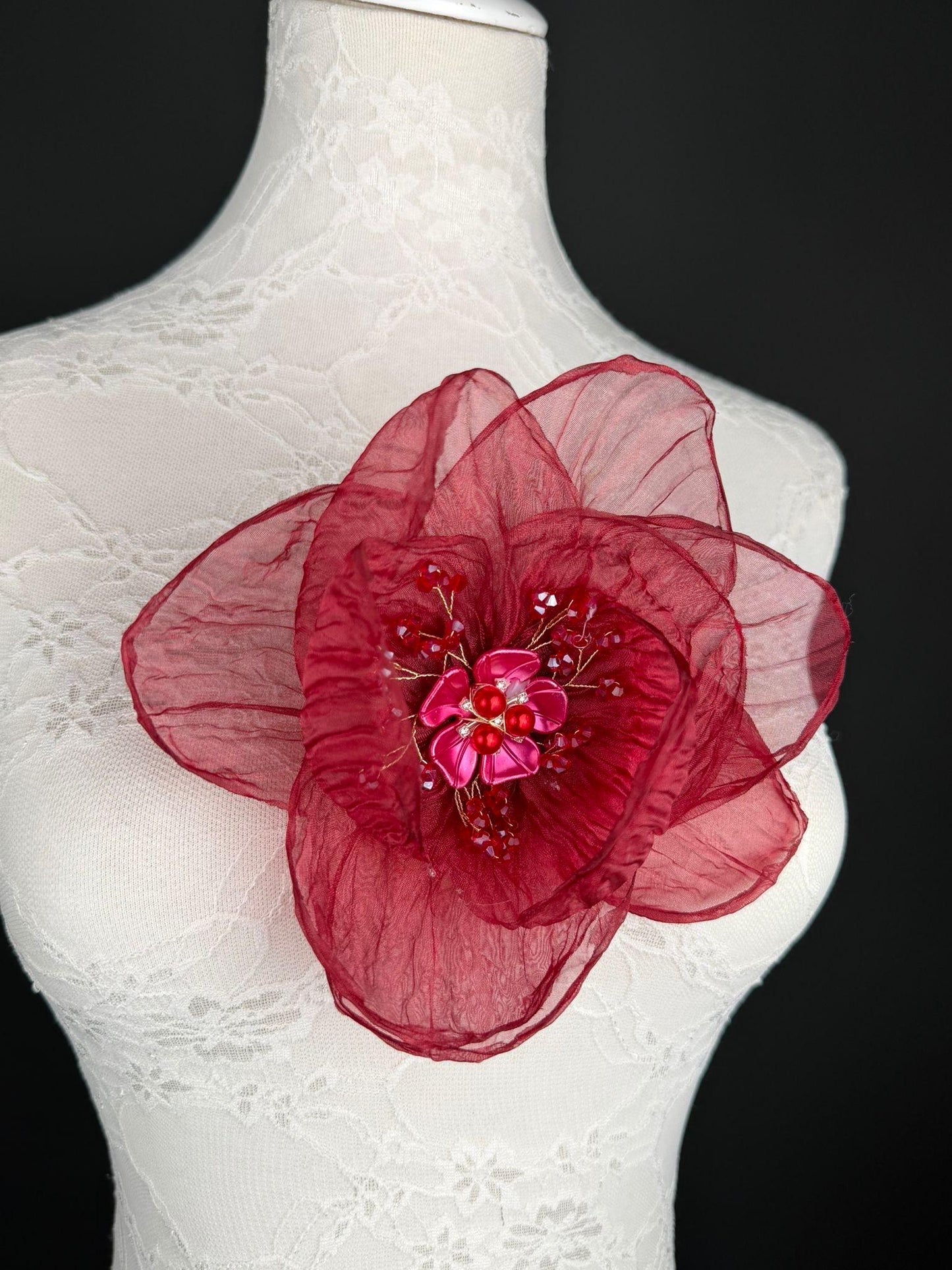 Large Organza Corsage Flower, Burgundy, 15 colours, 8” Wide, 20cm, Pin on Corsage, Bridal, Clothing, Dress, Hat, Accessory, FAN Design
