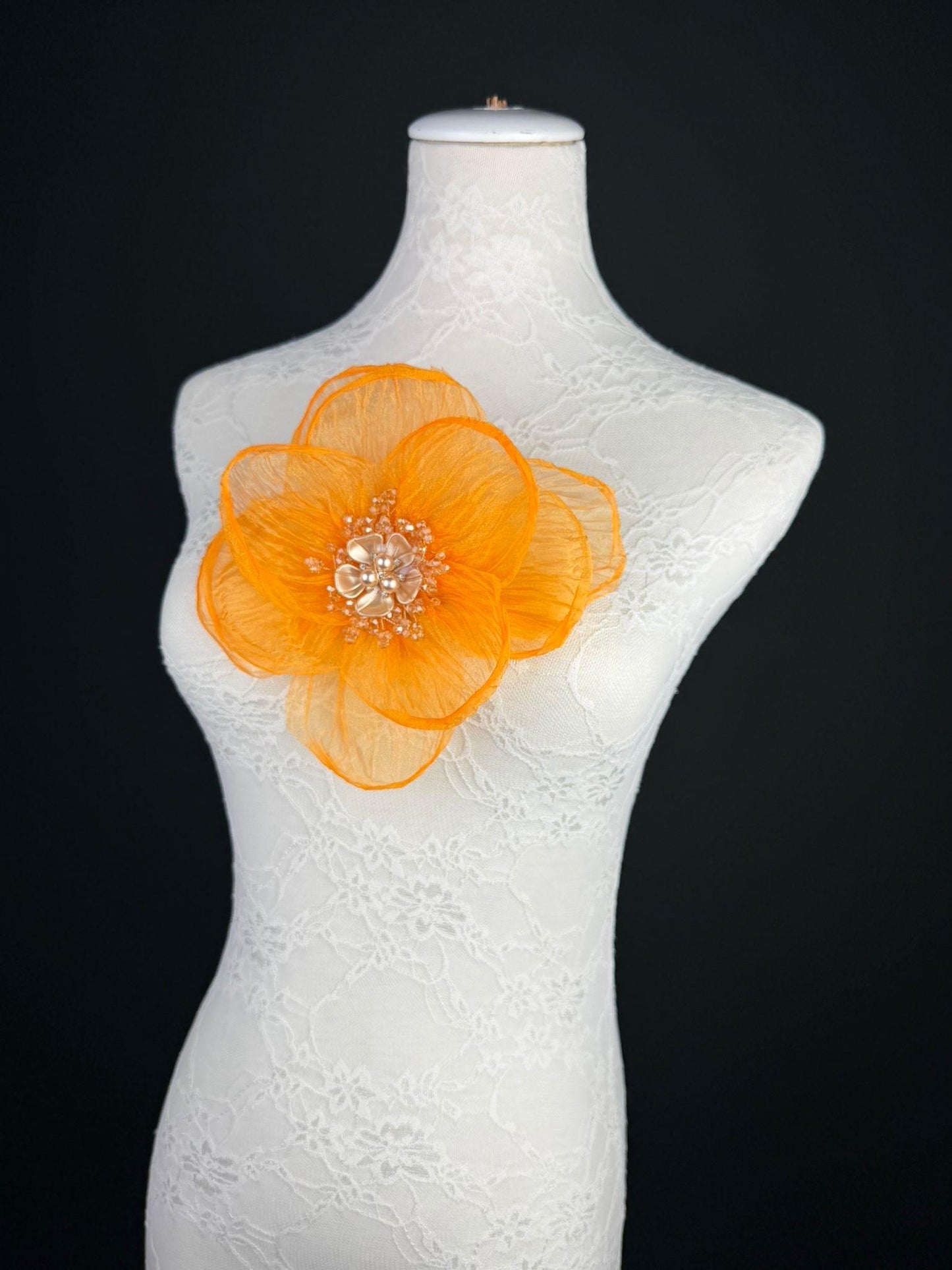 Large Organza Corsage Flower, Orange, 15 colours, 8” Wide, 20cm, Pin on Corsage, Bridal, Clothing, Dress, Hat, Accessory, FAN Design