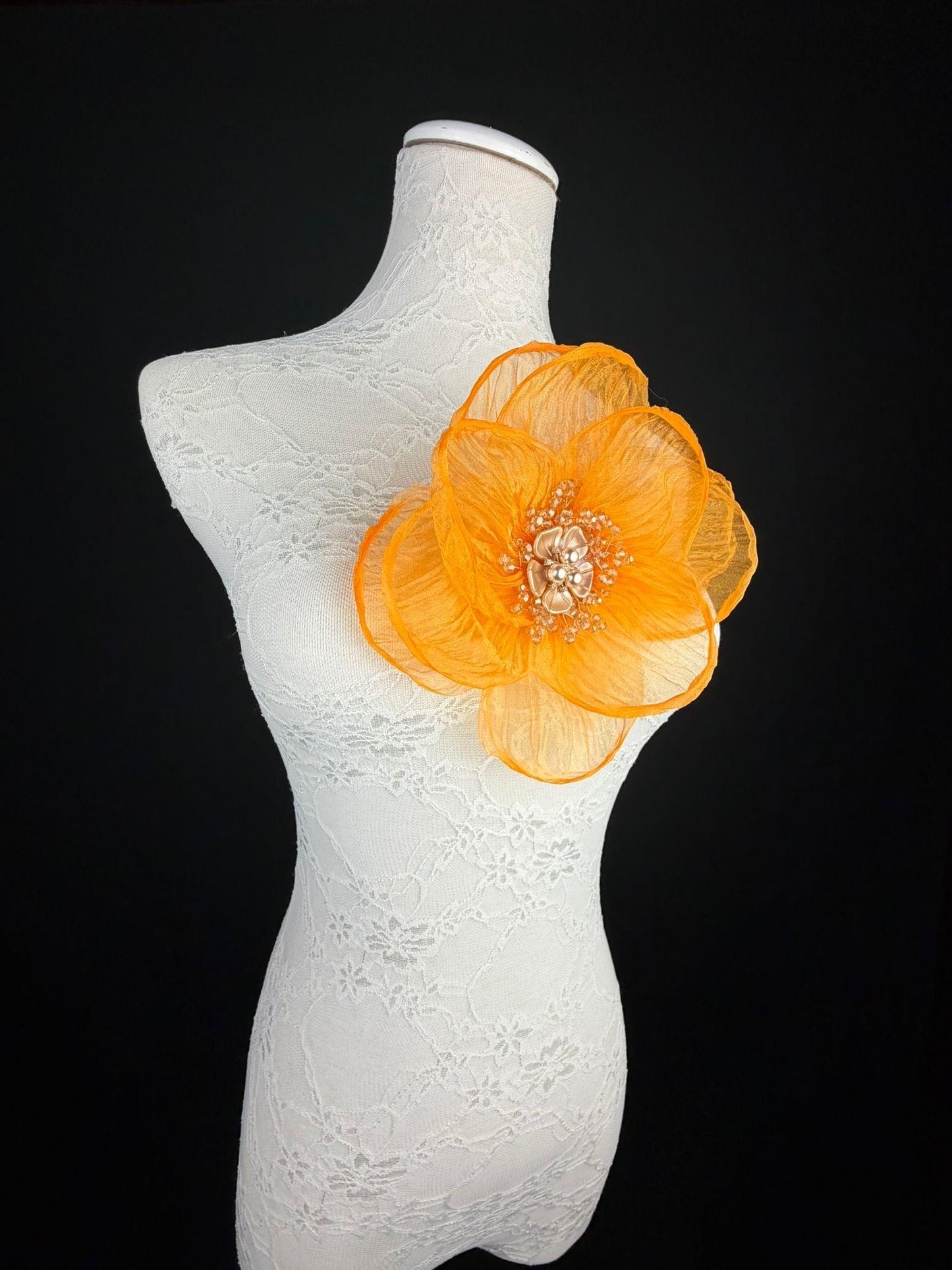 Large Organza Corsage Flower, Orange, 15 colours, 8” Wide, 20cm, Pin on Corsage, Bridal, Clothing, Dress, Hat, Accessory, FAN Design