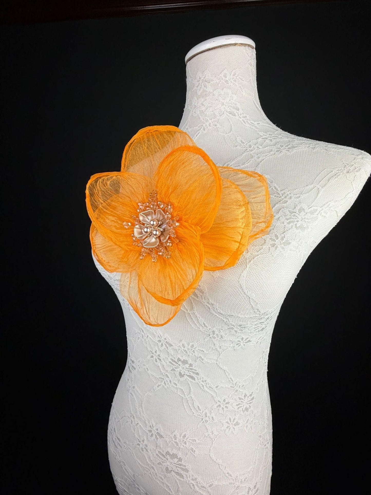 Large Organza Corsage Flower, Orange, 15 colours, 8” Wide, 20cm, Pin on Corsage, Bridal, Clothing, Dress, Hat, Accessory, FAN Design