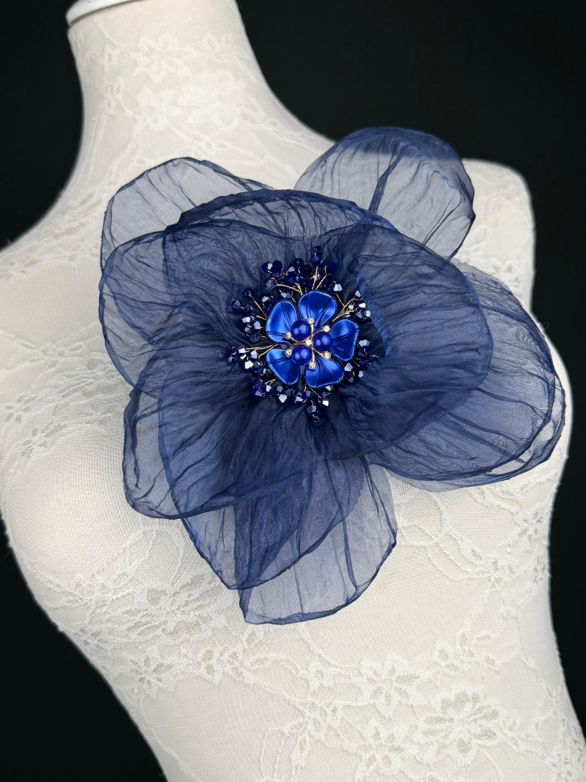 Large Organza Corsage Flower, Navy, 15 colours, 8” Wide, 20cm, Pin on Corsage, Bridal, Clothing, Dress, Hat, Accessory, FAN Design