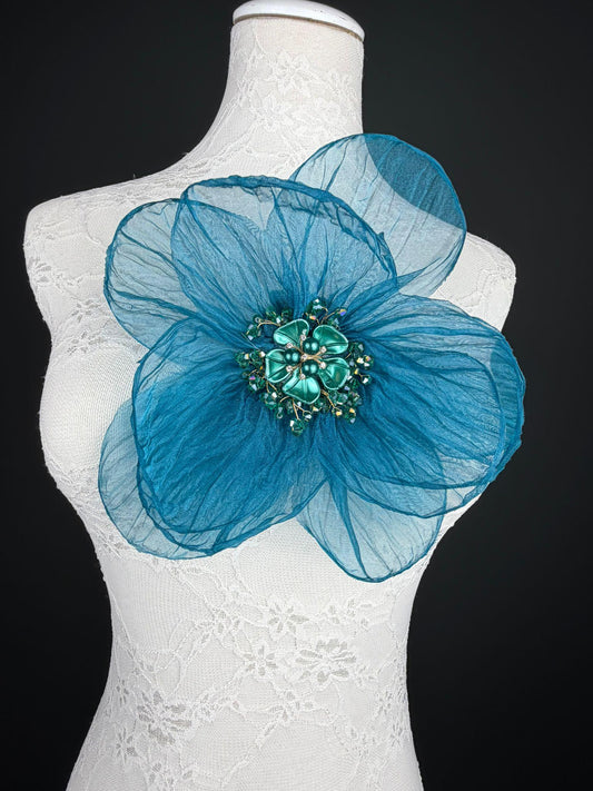 Large Organza Corsage Flower, Teal, 15 colours, 8” Wide, 20cm, Pin on Corsage, Bridal, Clothing, Dress, Hat, Accessory, FAN Design