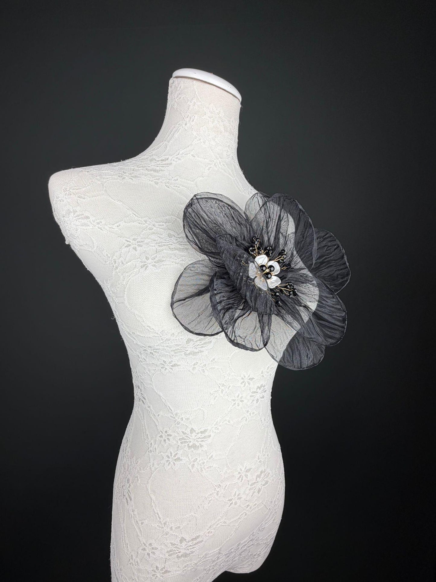 Large Organza Corsage Flower, Black, 15 colours, 8” Wide, 20cm, Pin on Corsage, Bridal, Clothing, Dress, Hat, Accessory, FAN Design