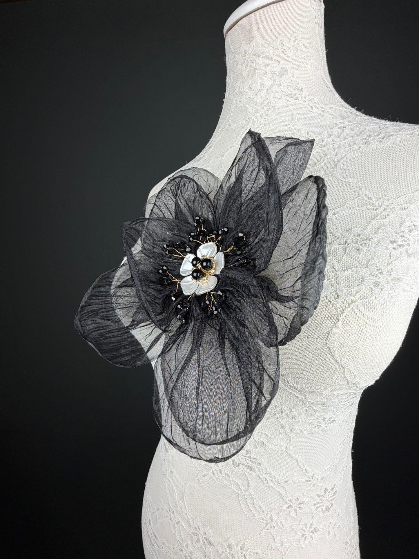 Large Organza Corsage Flower, Black, 15 colours, 8” Wide, 20cm, Pin on Corsage, Bridal, Clothing, Dress, Hat, Accessory, FAN Design