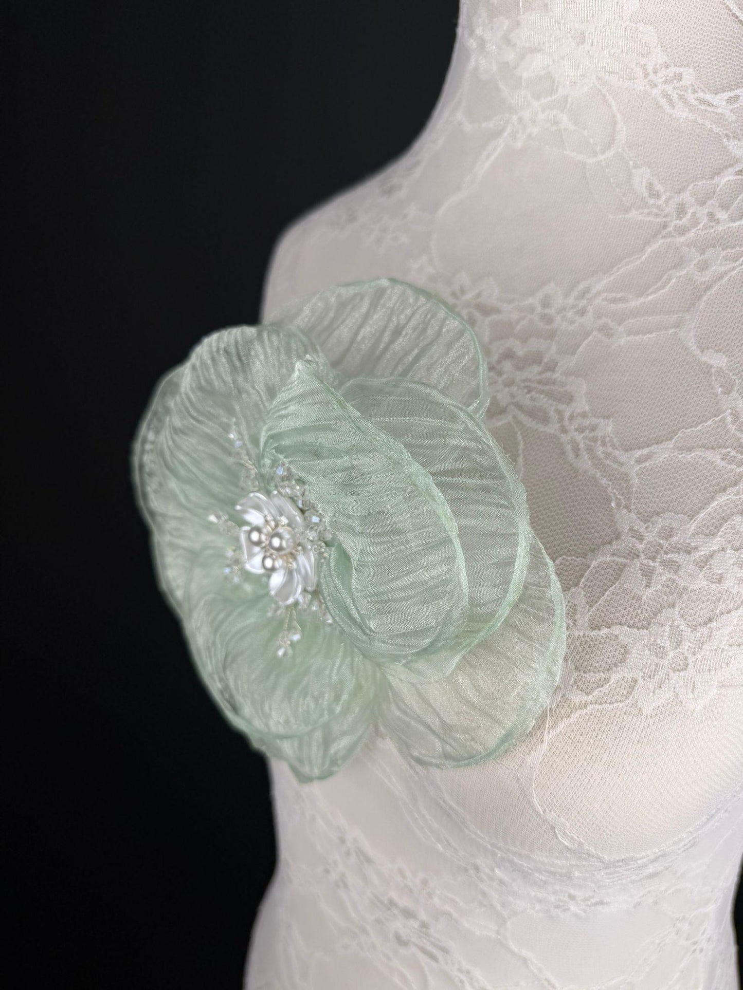 Large Organza Corsage Flower, Mint, 15 colours, 8” Wide, 20cm, Pin on Corsage, Bridal, Clothing, Dress, Hat, Accessory, FAN Design