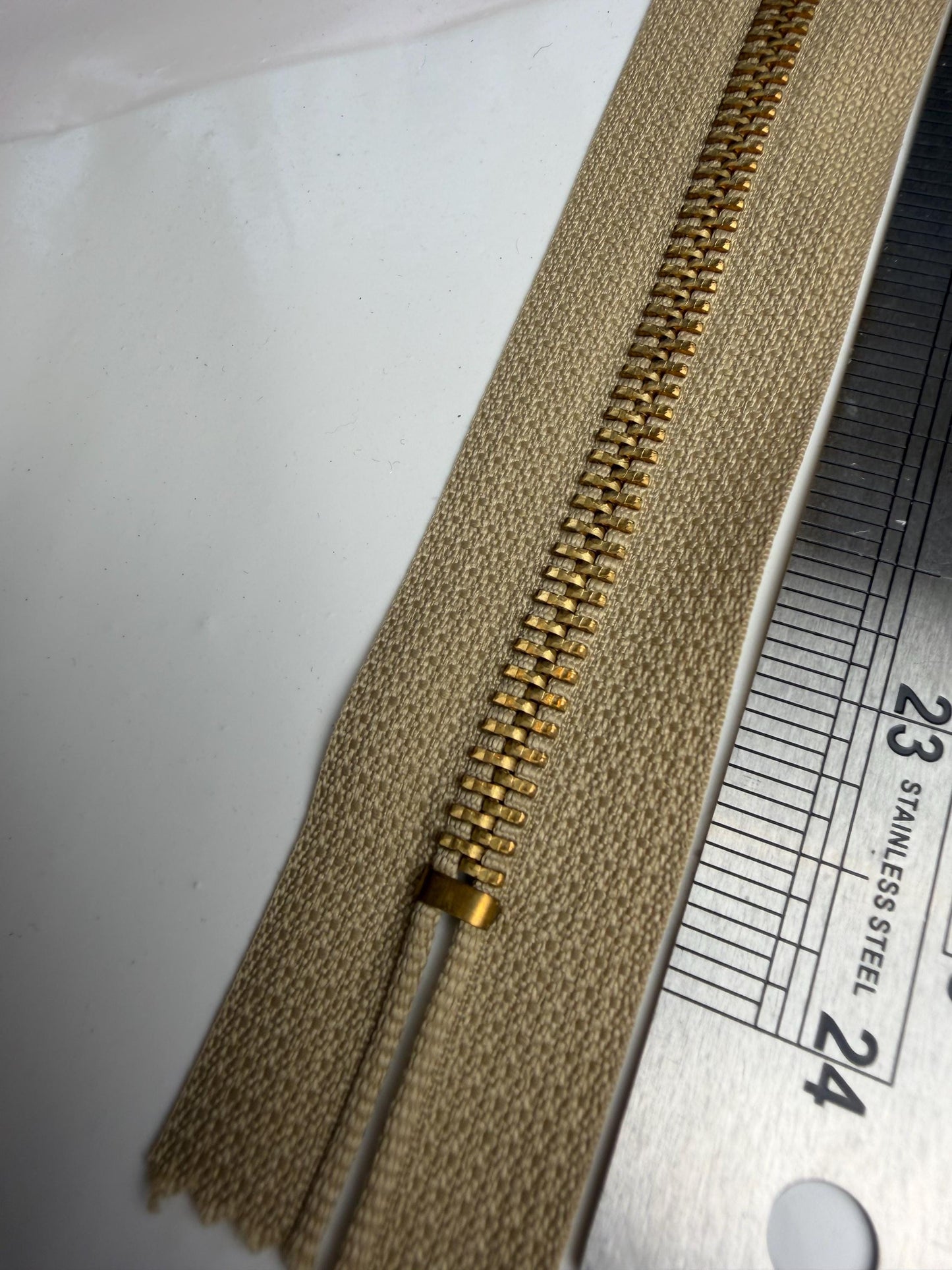 24” Gold Brass zipper, Stone Tape, Closed End Zipper