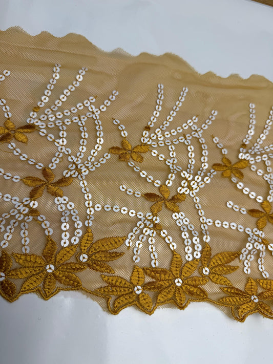 8” Wide Sequins Mustard White Sequin Lace, Border Lace, Edgeing lace