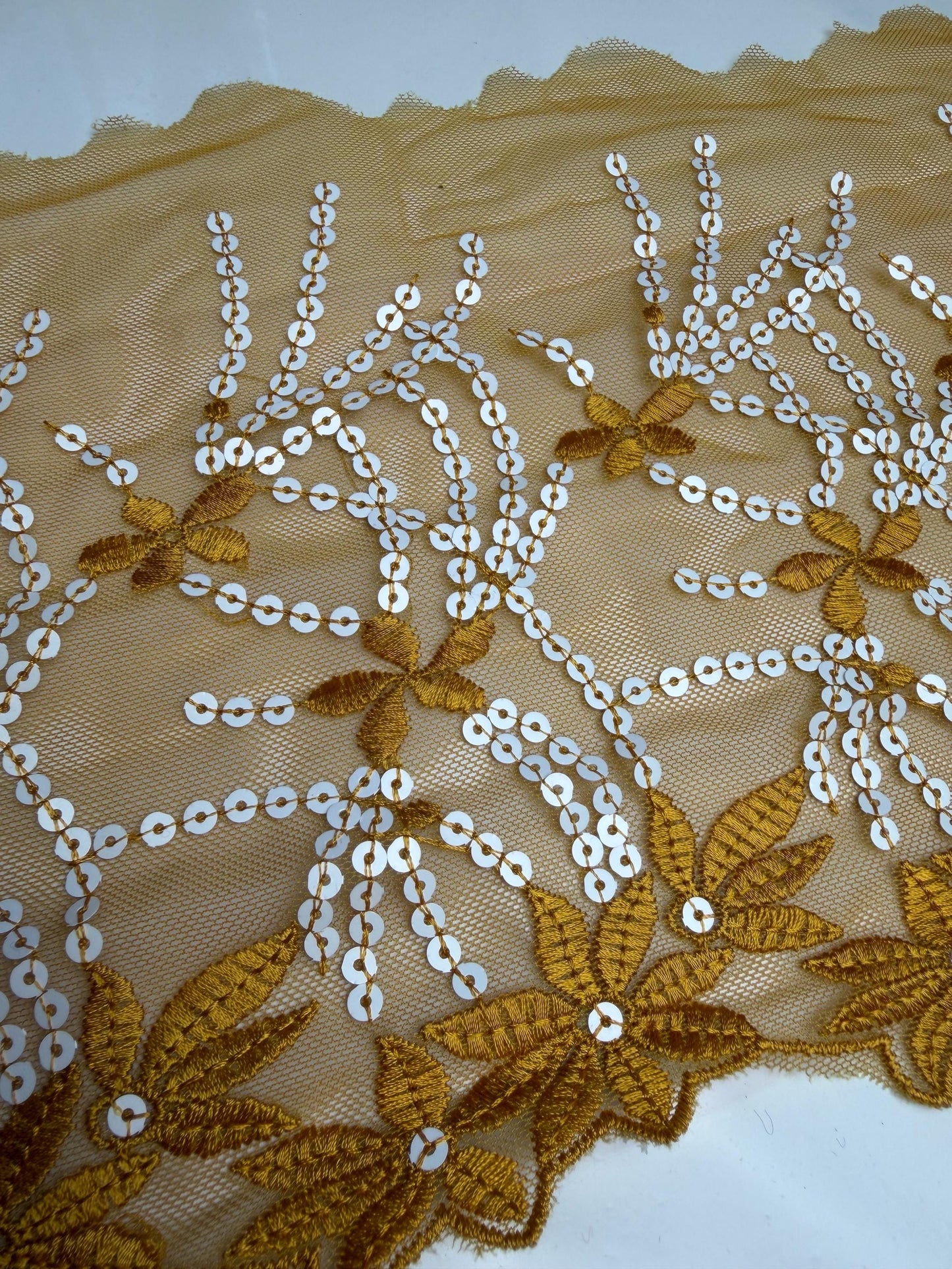 8” Wide Sequins Mustard White Sequin Lace, Border Lace, Edgeing lace
