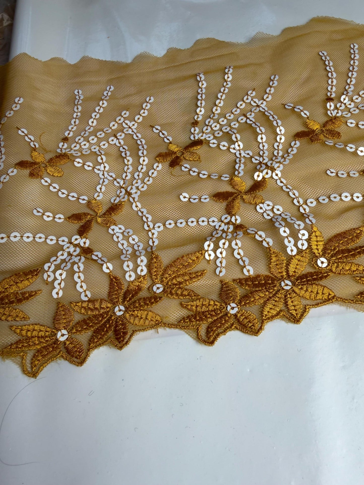 8” Wide Sequins Mustard White Sequin Lace, Border Lace, Edgeing lace