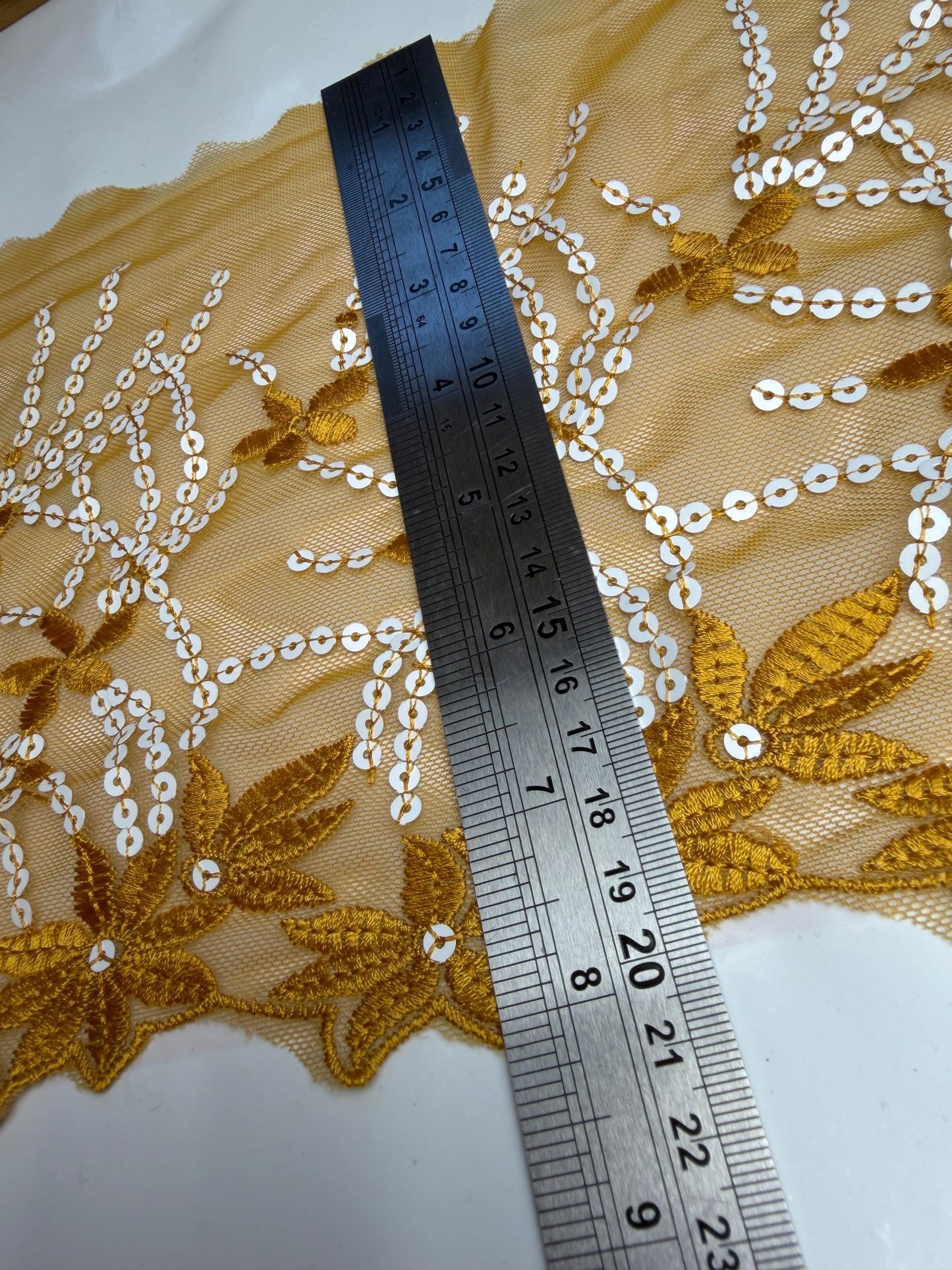 8” Wide Sequins Mustard White Sequin Lace, Border Lace, Edgeing lace